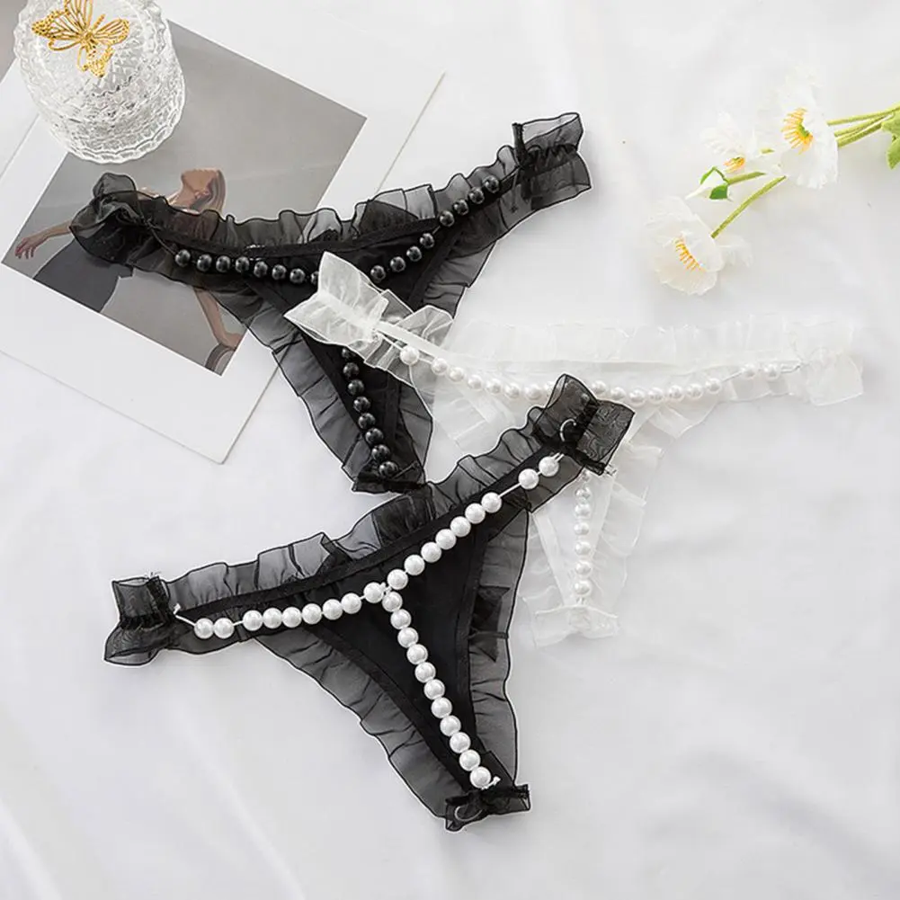 Faux Pearl Lace Decor Women Thong Spaghetti Strap Open Crotch Solid Color Low Waist Elastic Hot Lady G-string Panties Underwear