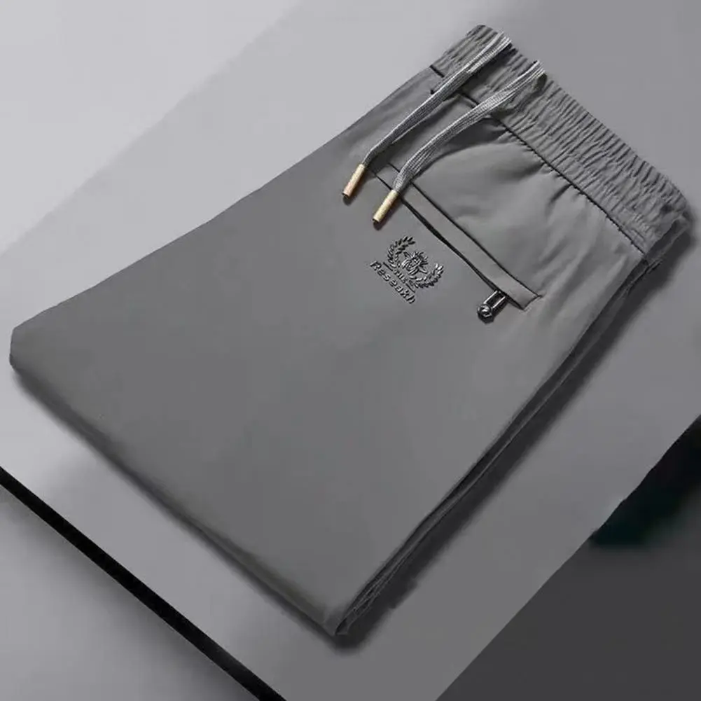 Casual Men Pants Cargo Solid Color Elastic Waist Loose Stretchy Straight Long Pants Drawstring Lace-up Male Trousers for Men