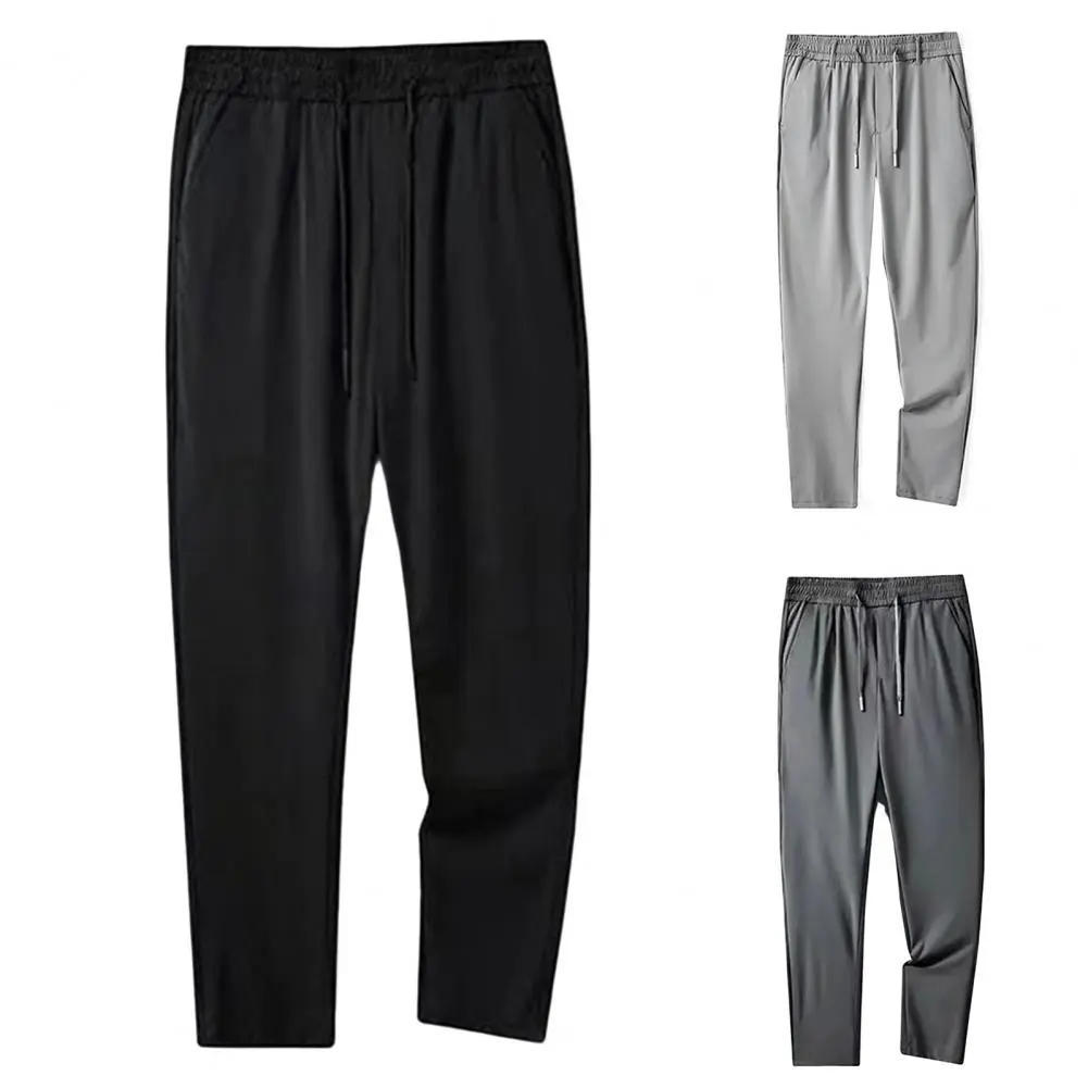 Casual Men Pants Cargo Solid Color Elastic Waist Loose Stretchy Straight Long Pants Drawstring Lace-up Male Trousers for Men
