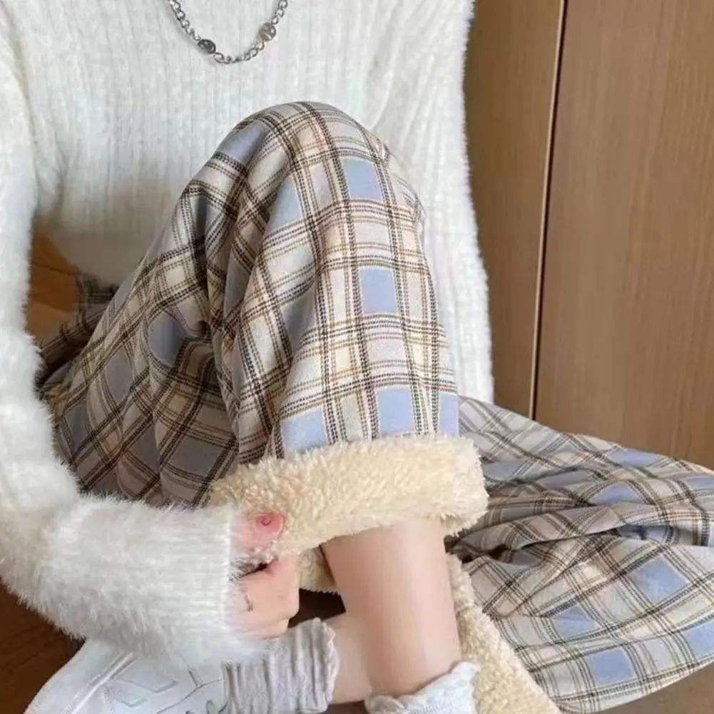 Wide-leg Pants Women Velvet Thickened Pants Plaid Print High Waist Wide Leg Winter Pants with Velvet for Women for Weather