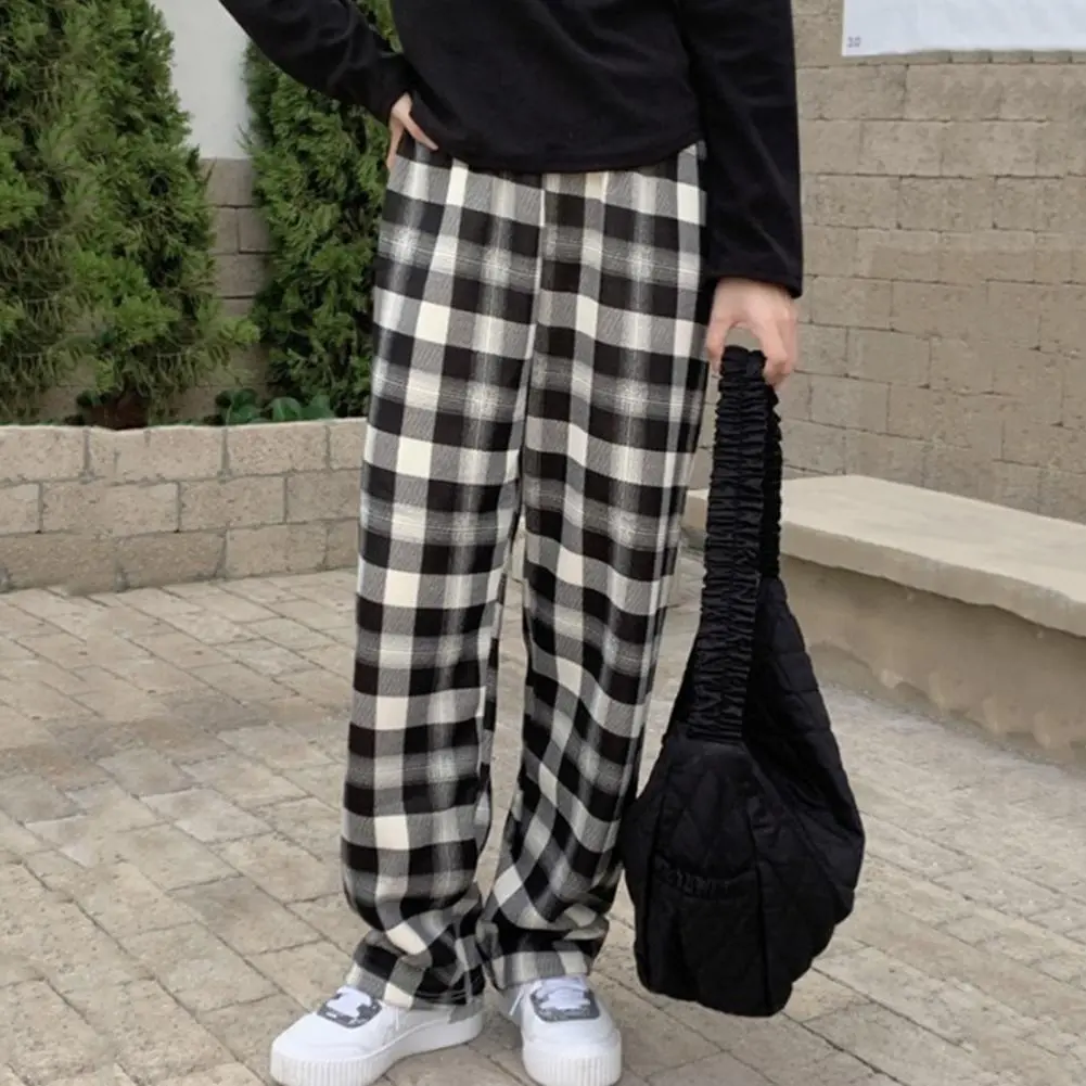 Wide-leg Pants Women Velvet Thickened Pants Plaid Print High Waist Wide Leg Winter Pants with Velvet for Women for Weather
