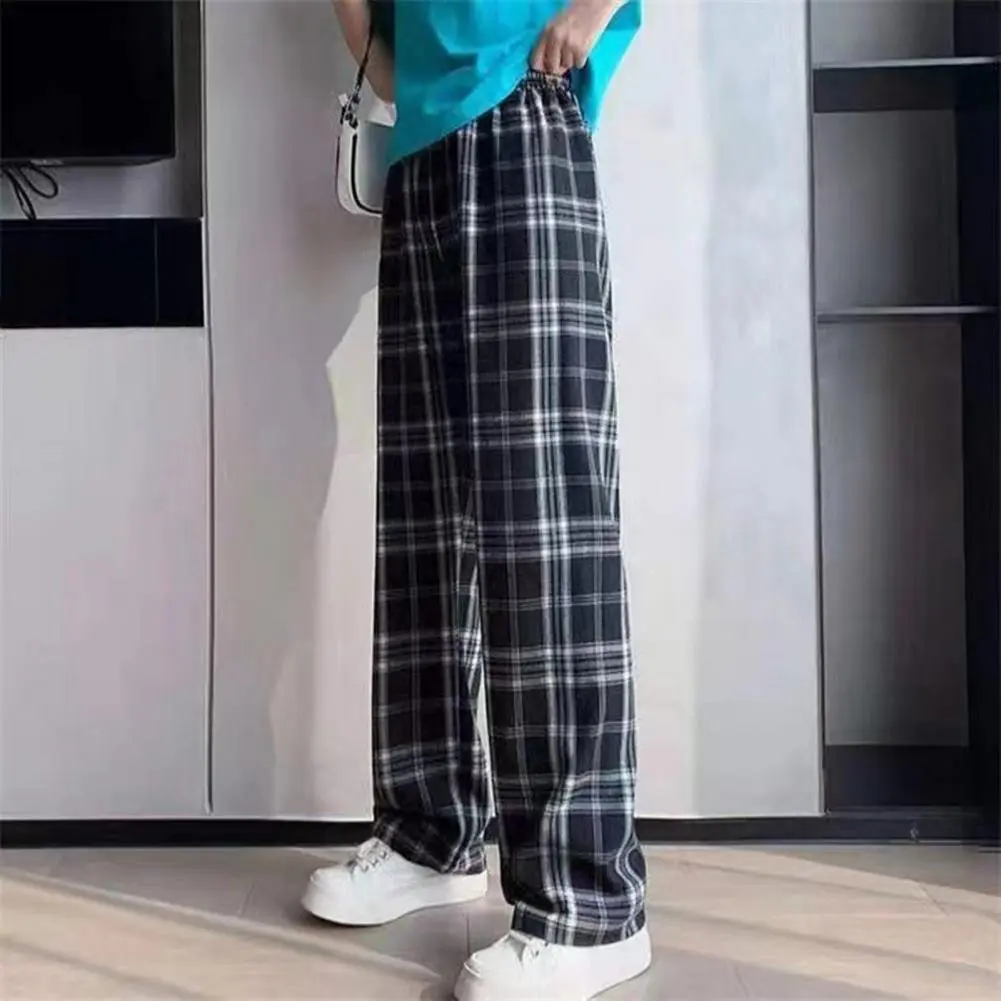 Wide-leg Pants Women Velvet Thickened Pants Plaid Print High Waist Wide Leg Winter Pants with Velvet for Women for Weather