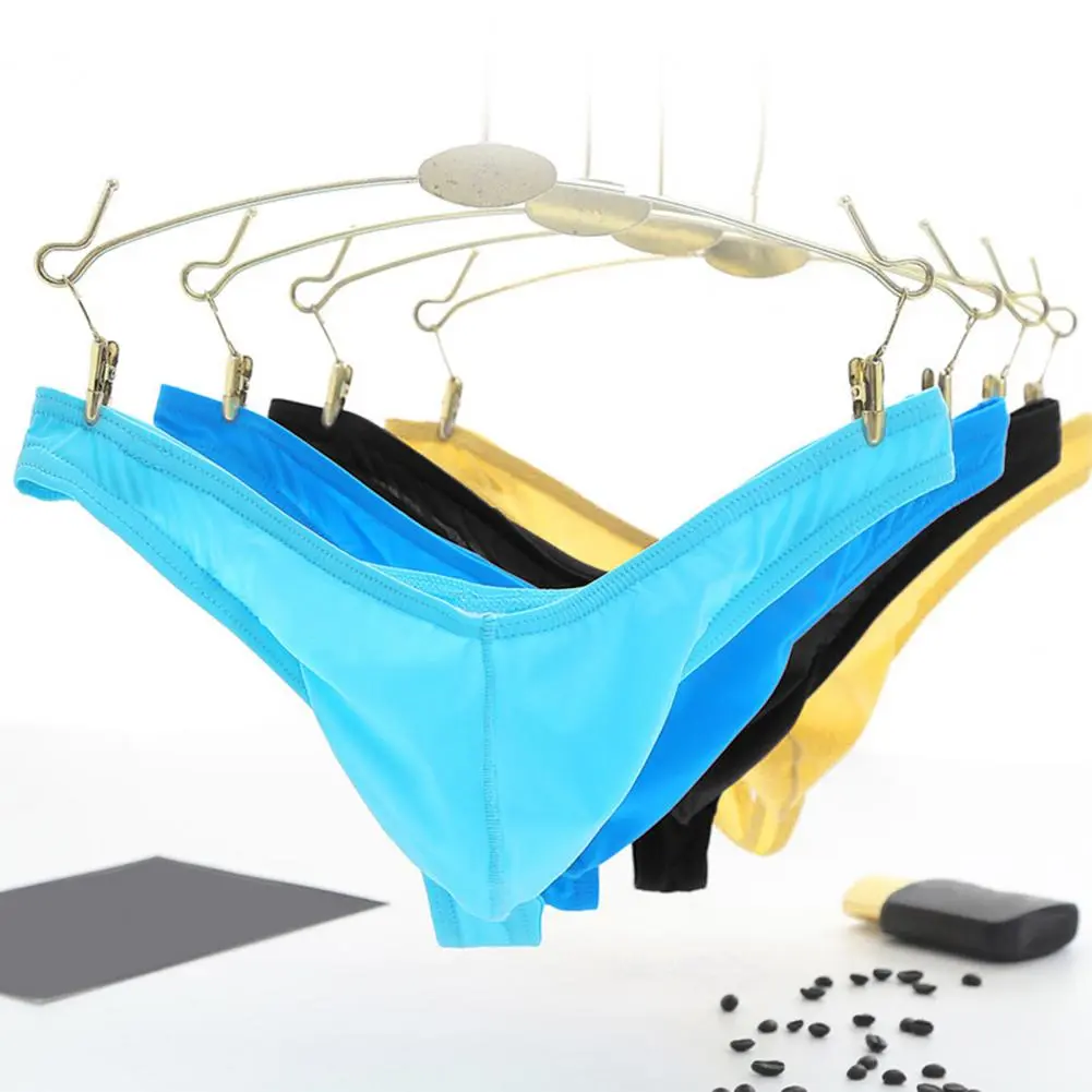 Men Sexy Thong Low-rise U-Convex Solid Color Briefs Elastic Waistband Slim Fit Solid Color Ice Silk Underwear Daily Wear