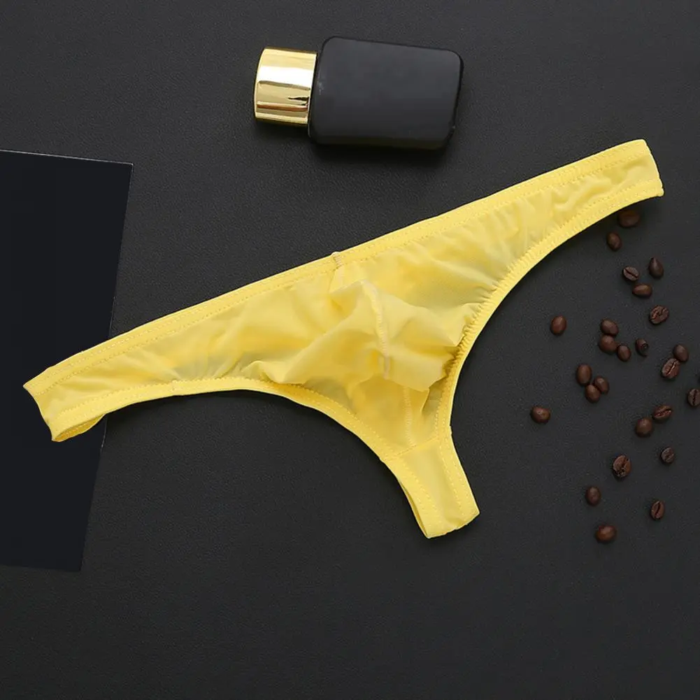 Men Sexy Thong Low-rise U-Convex Solid Color Briefs Elastic Waistband Slim Fit Solid Color Ice Silk Underwear Daily Wear
