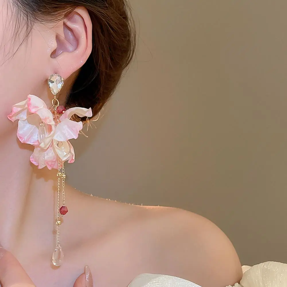 Colorful Dangle Earrings Fabric Earrings Colorful Fabric Flower Rhinestone Tassel Earrings for Holiday Statement Long Dangle