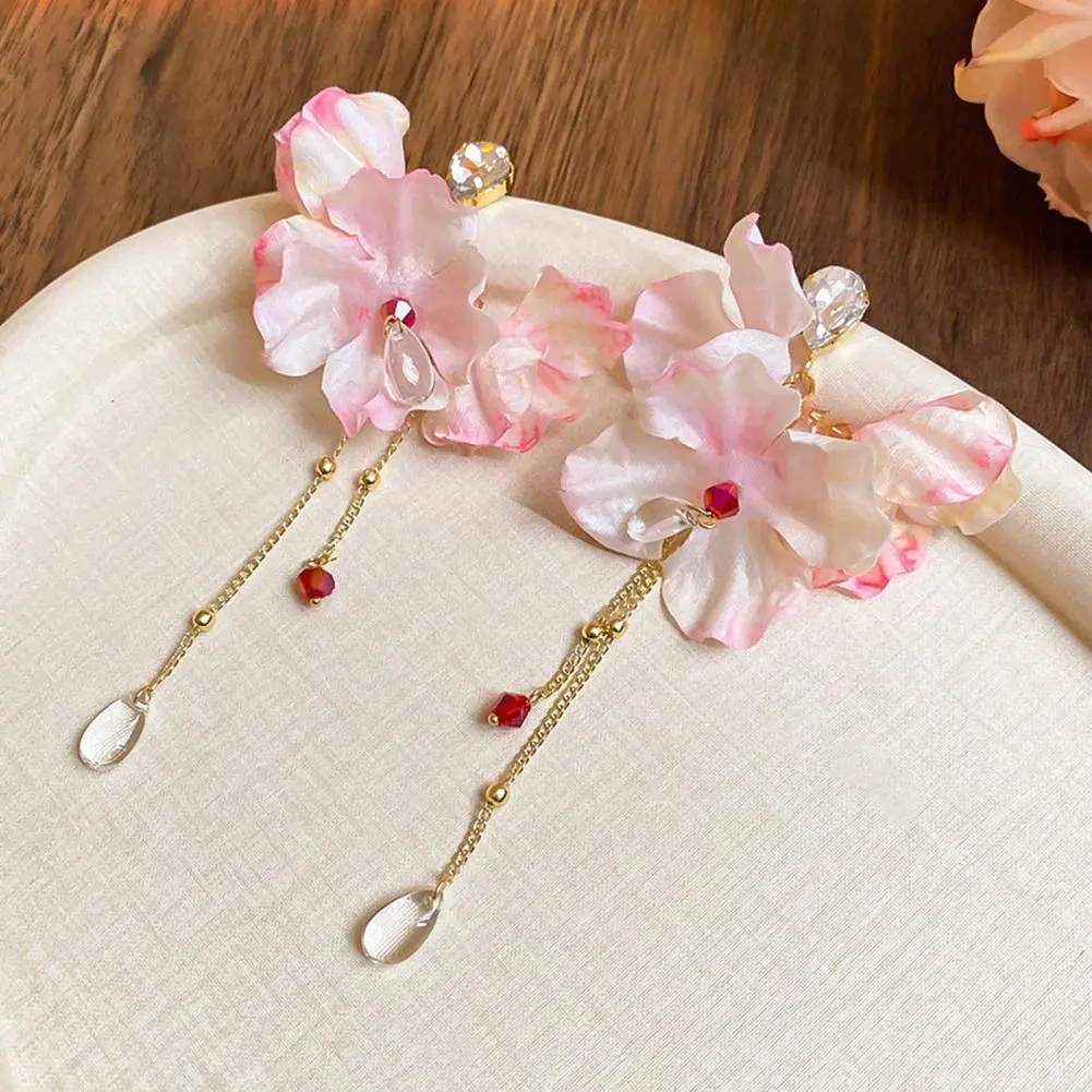 Colorful Dangle Earrings Fabric Earrings Colorful Fabric Flower Rhinestone Tassel Earrings for Holiday Statement Long Dangle