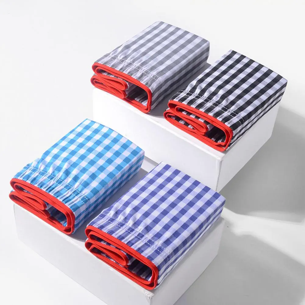 Men Boxer Underwear Mid-rise Elastic Waistband Plaid Print Shorts Briefs U-Convex Breathable Panties Daily Wear