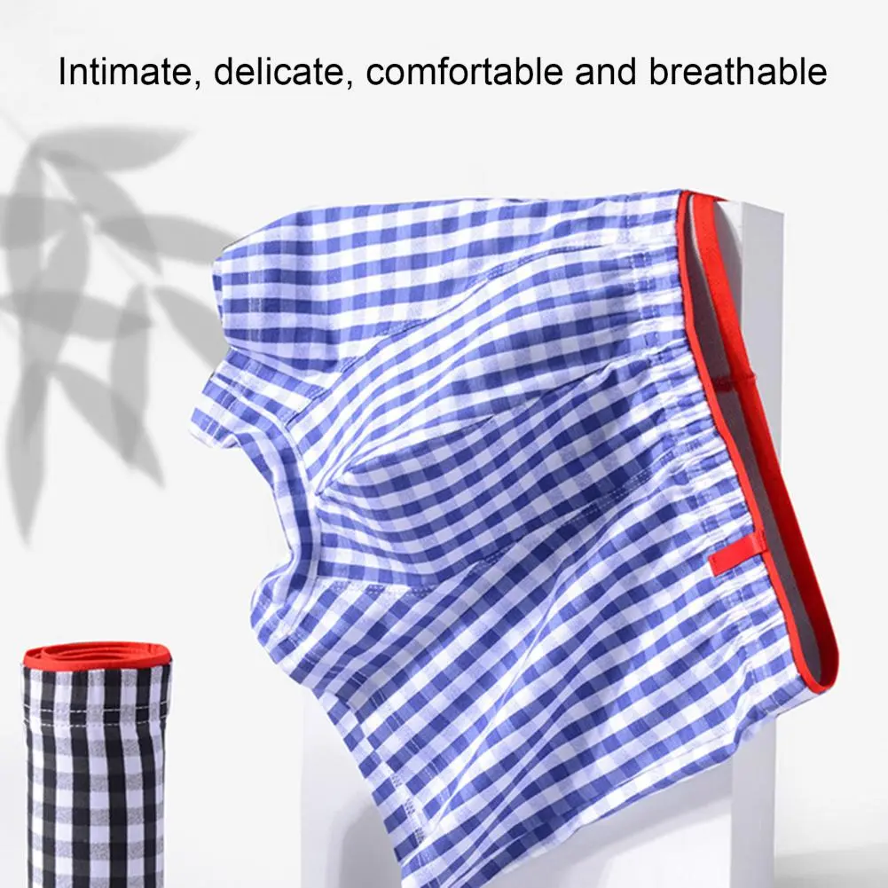 Men Boxer Underwear Mid-rise Elastic Waistband Plaid Print Shorts Briefs U-Convex Breathable Panties Daily Wear