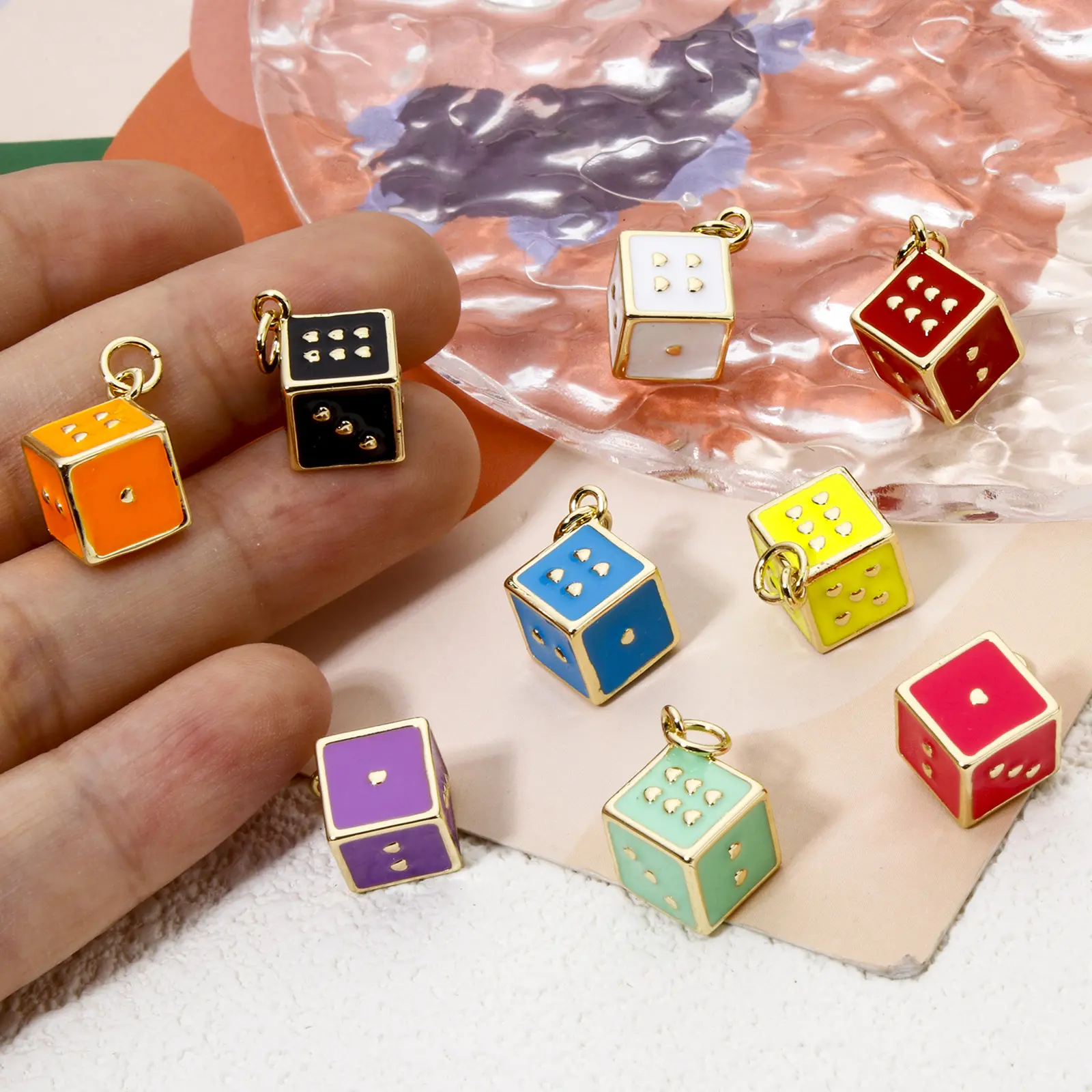 1 Piece Brass Charms 18K Real Gold Plated Multicolor Dice Enamel 3D Pendants For DIY Necklace Earrings Making 20mm x 12mm