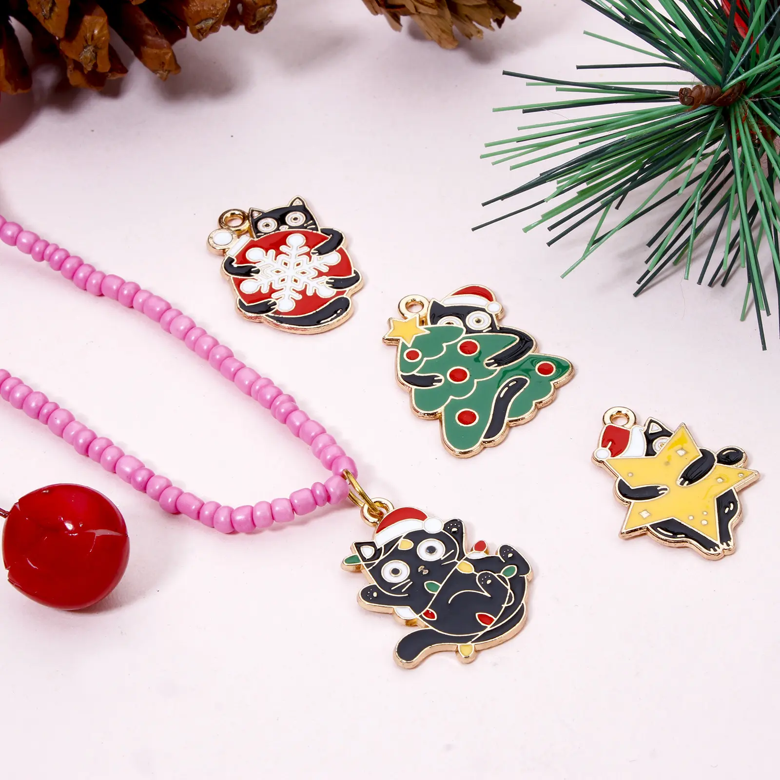 10 Piece Zinc Based Alloy Christmas Charms Gold Plated Multicolor Cat Animal Enamel Pendants For DIY Jewelry Making