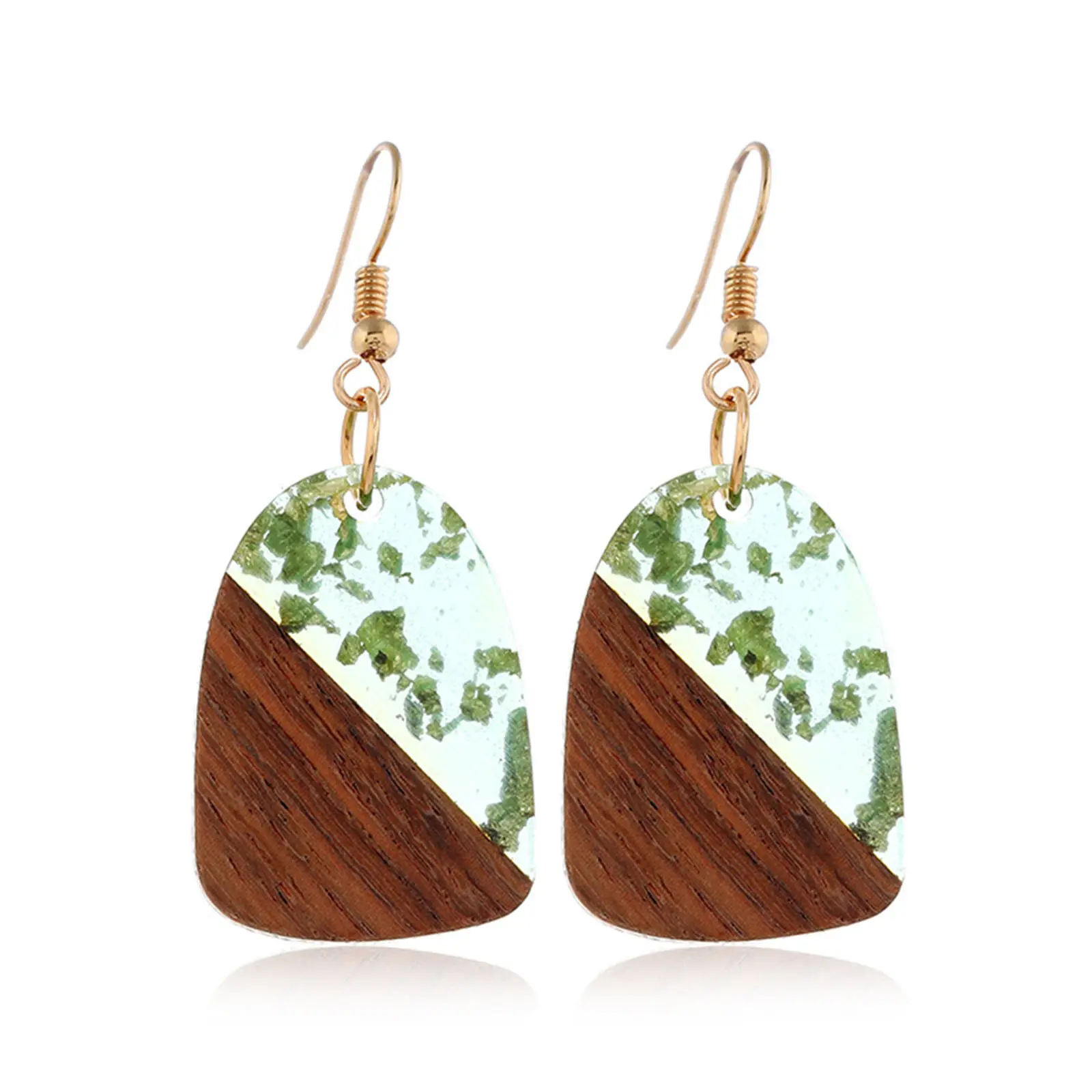 Vintage Resin Wood Effect Resin Ear Wire Hook Earrings Gold Color Multicolor Geometric Splicing Pendant Drop Earrings For Women