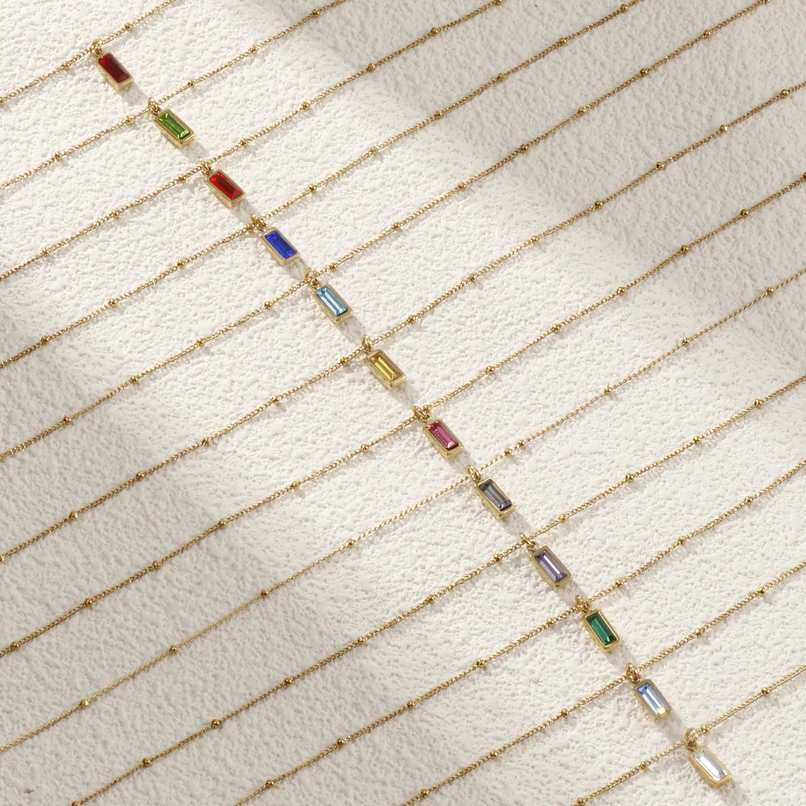 304 Stainless Steel Birthstone Pendant Necklace Rectangle Cubic Zirconia Curb Necklace For Women Jewelry Party Gift 45cm