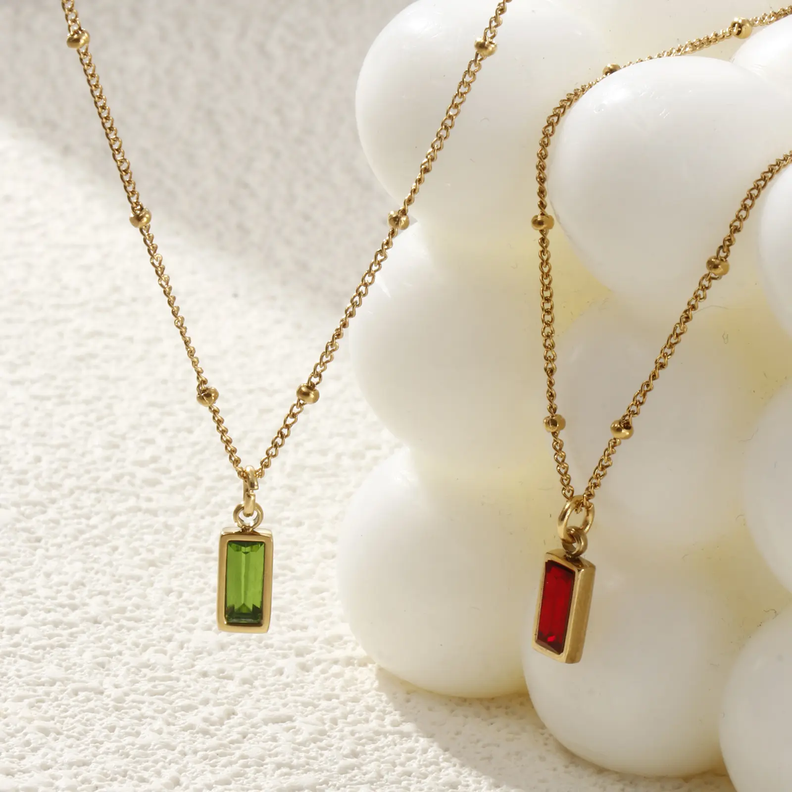 304 Stainless Steel Birthstone Pendant Necklace Rectangle Cubic Zirconia Curb Necklace For Women Jewelry Party Gift 45cm