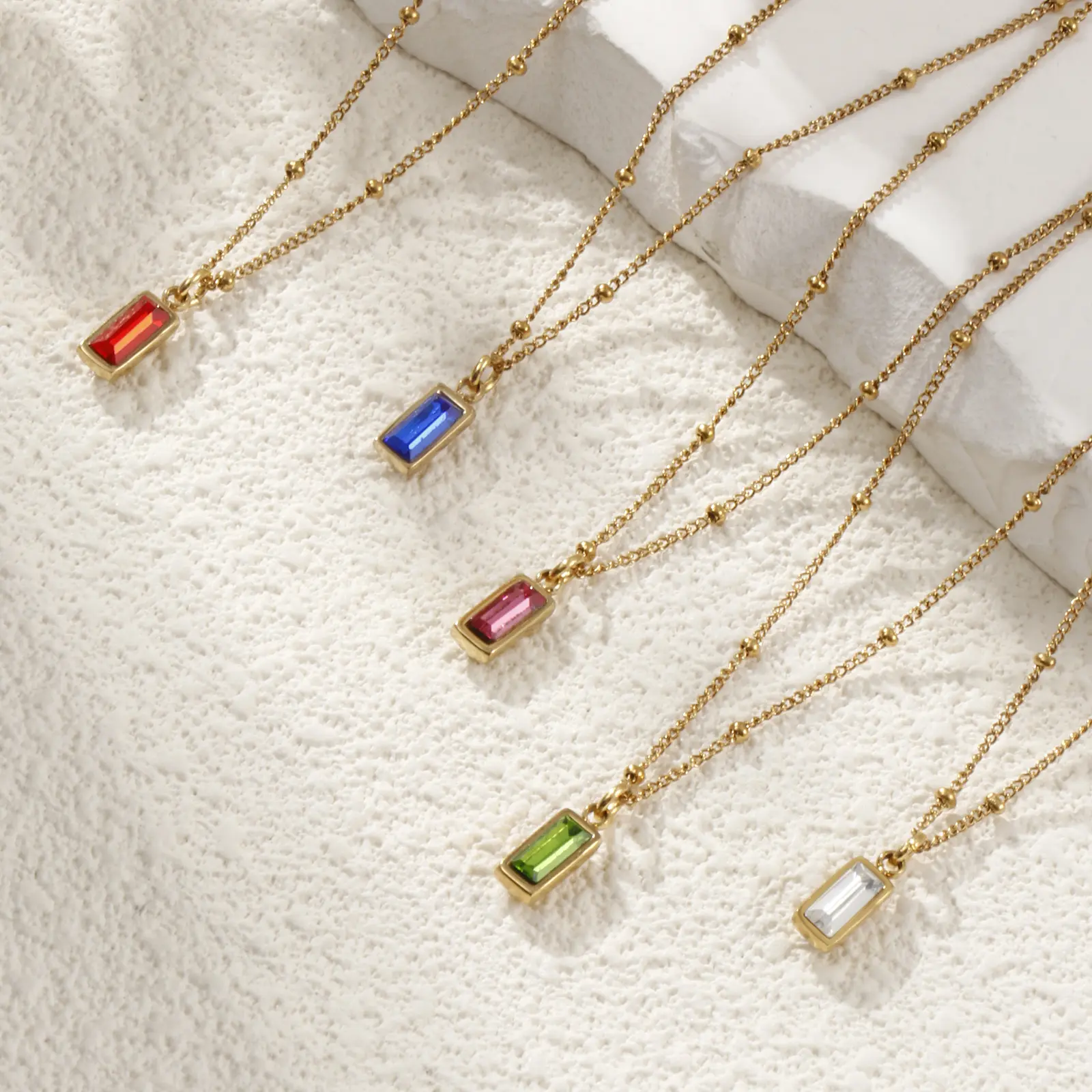 304 Stainless Steel Birthstone Pendant Necklace Rectangle Cubic Zirconia Curb Necklace For Women Jewelry Party Gift 45cm