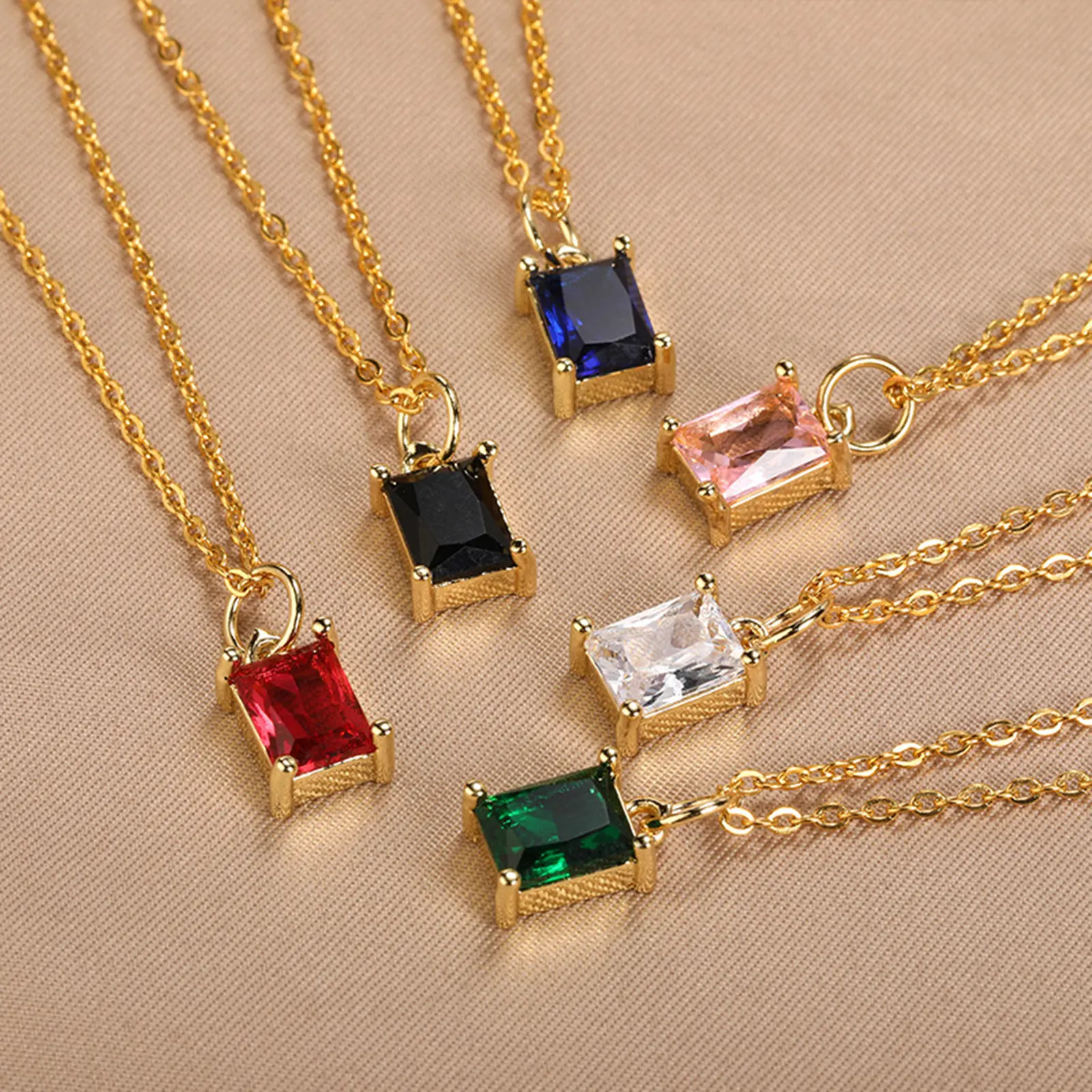 1PC 304 Stainless Steel Rhinestone Rectangle Pendant Necklace Rolo Chain Gold Color Necklace Women Wedding Jewelry 38cm long