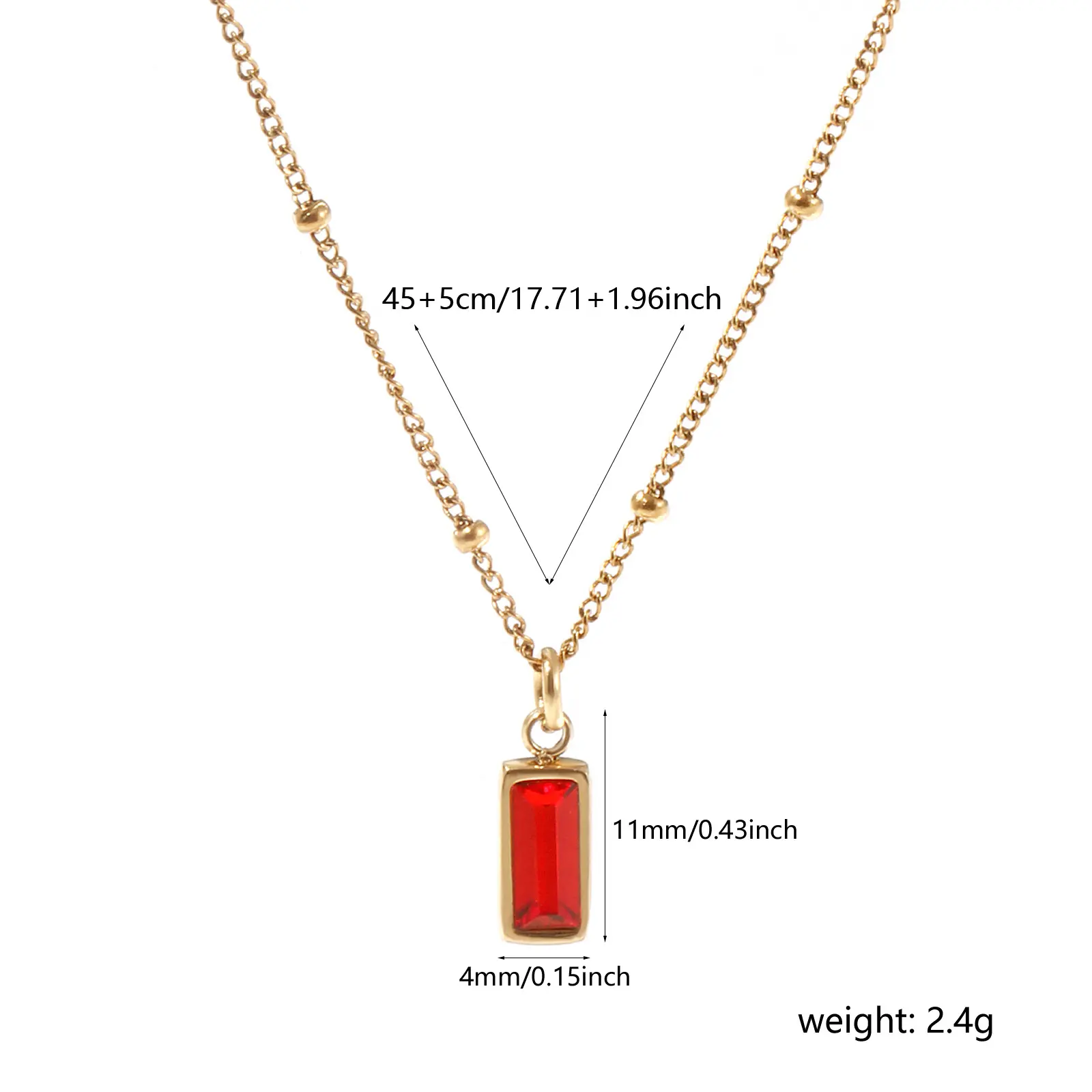 304 Stainless Steel Birthstone Pendant Necklace Rectangle Cubic Zirconia Curb Necklace For Women Jewelry Party Gift 45cm