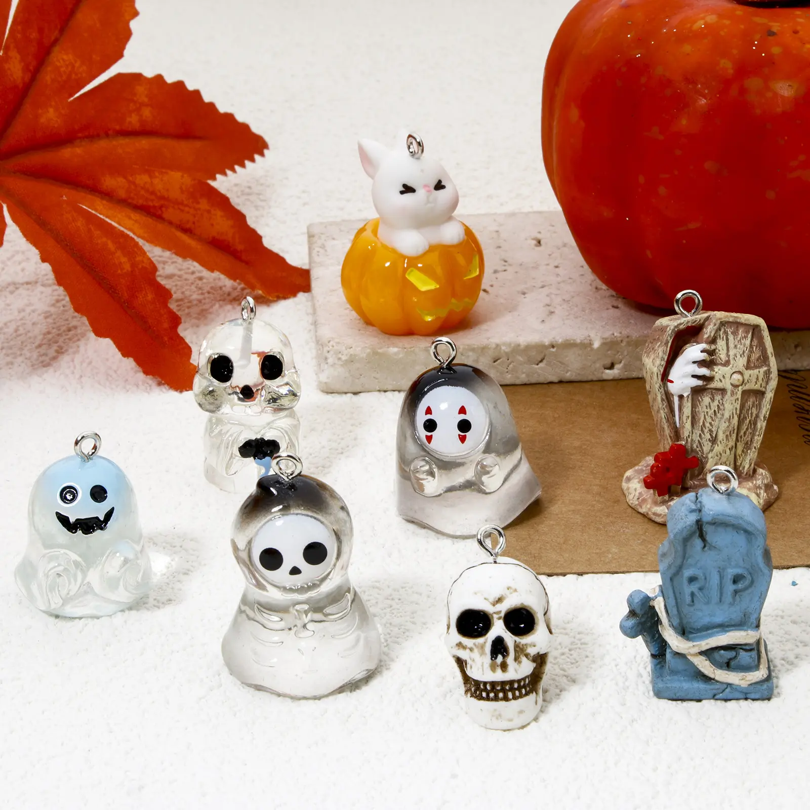 5 Piece 3D Resin Halloween Charms Skeleton Ghost Bat Tombstone Pumpkin Pendants For DIY Necklace Jewerly Making Accessories