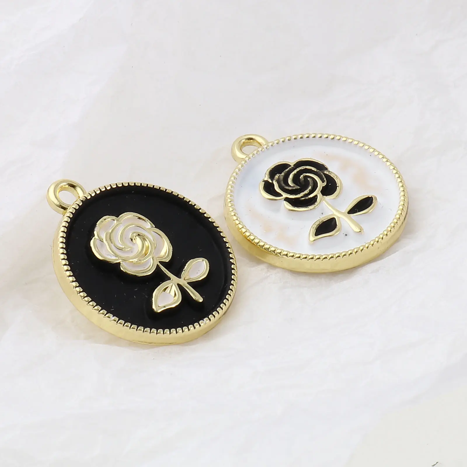 2PCs Enamelled Valentine's Day Gold Color Metal Charms White/Black Rose Flower Pendants DIY Making Earrings Women Party Jewelry