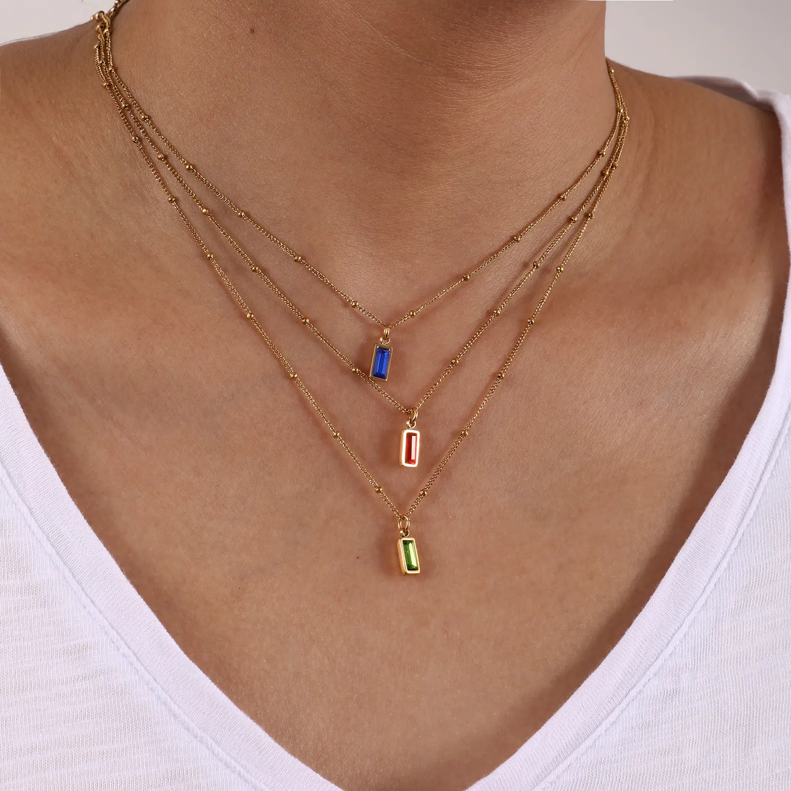 304 Stainless Steel Birthstone Pendant Necklace Rectangle Cubic Zirconia Curb Necklace For Women Jewelry Party Gift 45cm