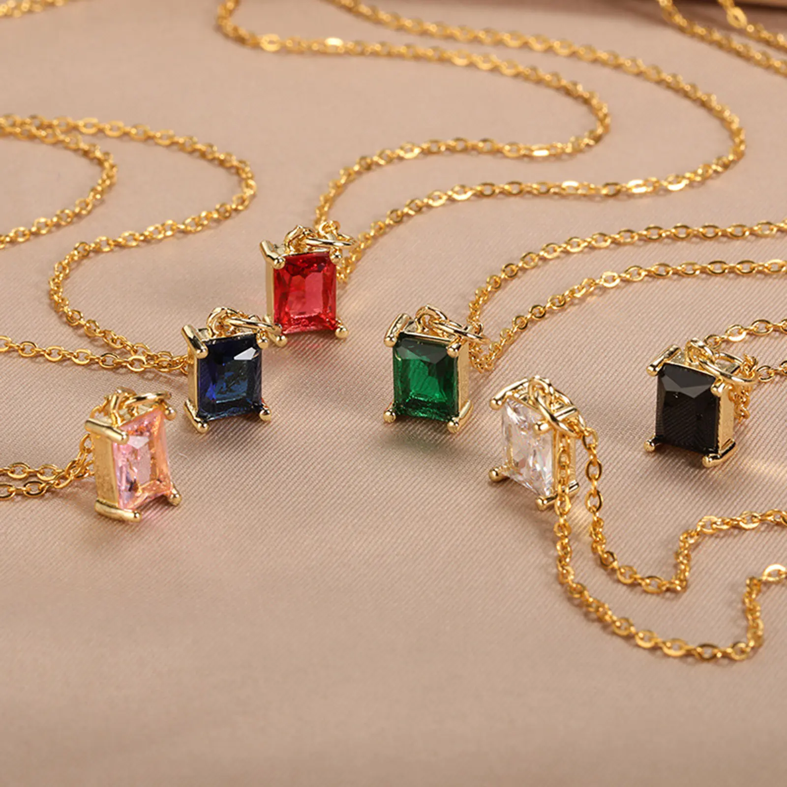1PC 304 Stainless Steel Rhinestone Rectangle Pendant Necklace Rolo Chain Gold Color Necklace Women Wedding Jewelry 38cm long