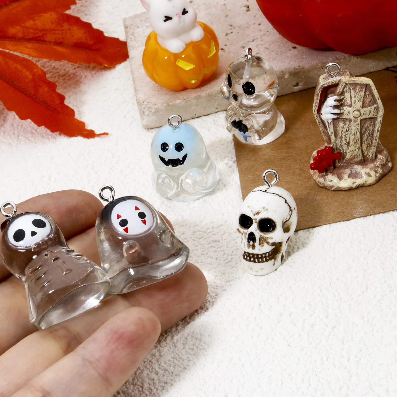 5 Piece 3D Resin Halloween Charms Skeleton Ghost Bat Tombstone Pumpkin Pendants For DIY Necklace Jewerly Making Accessories