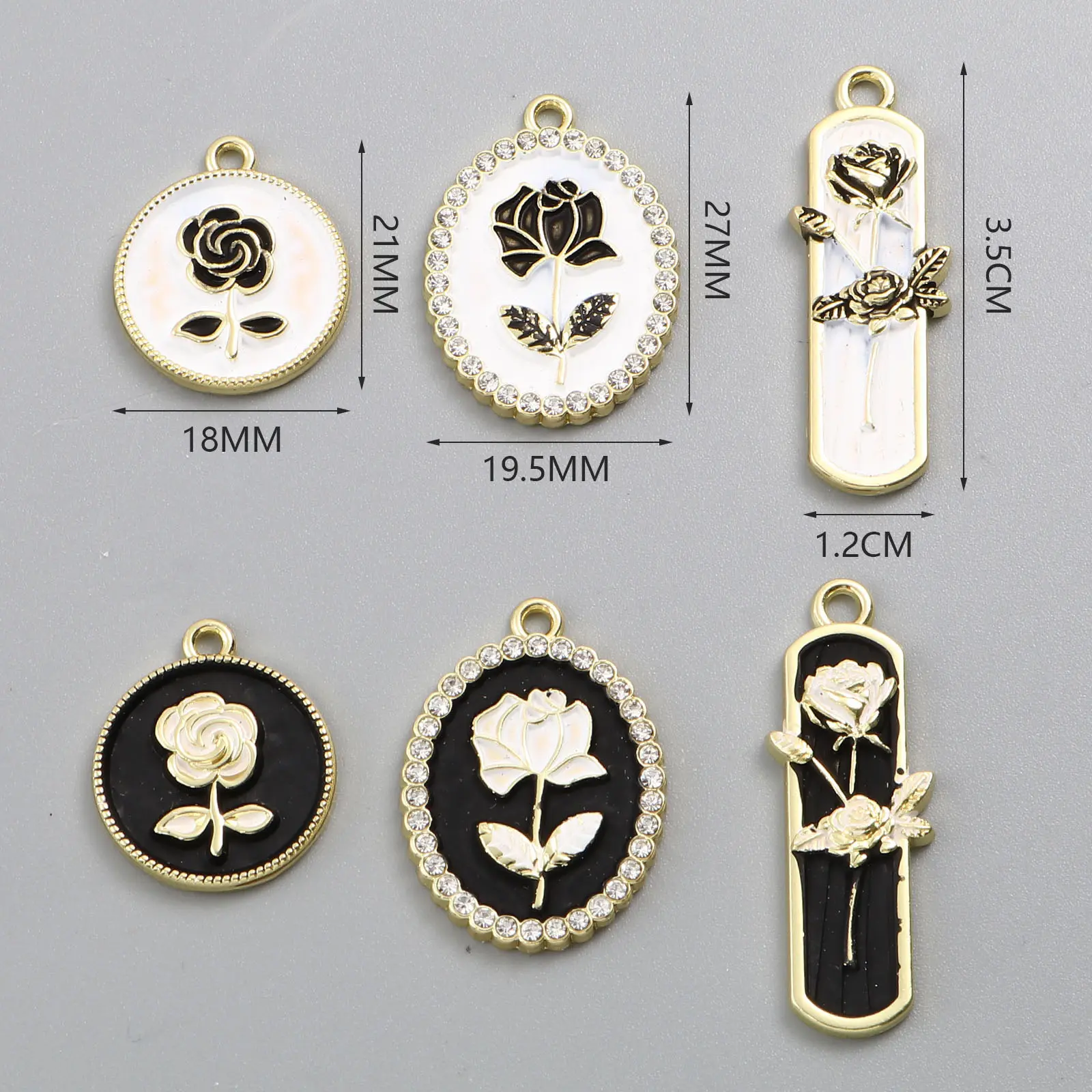 2PCs Enamelled Valentine's Day Gold Color Metal Charms White/Black Rose Flower Pendants DIY Making Earrings Women Party Jewelry