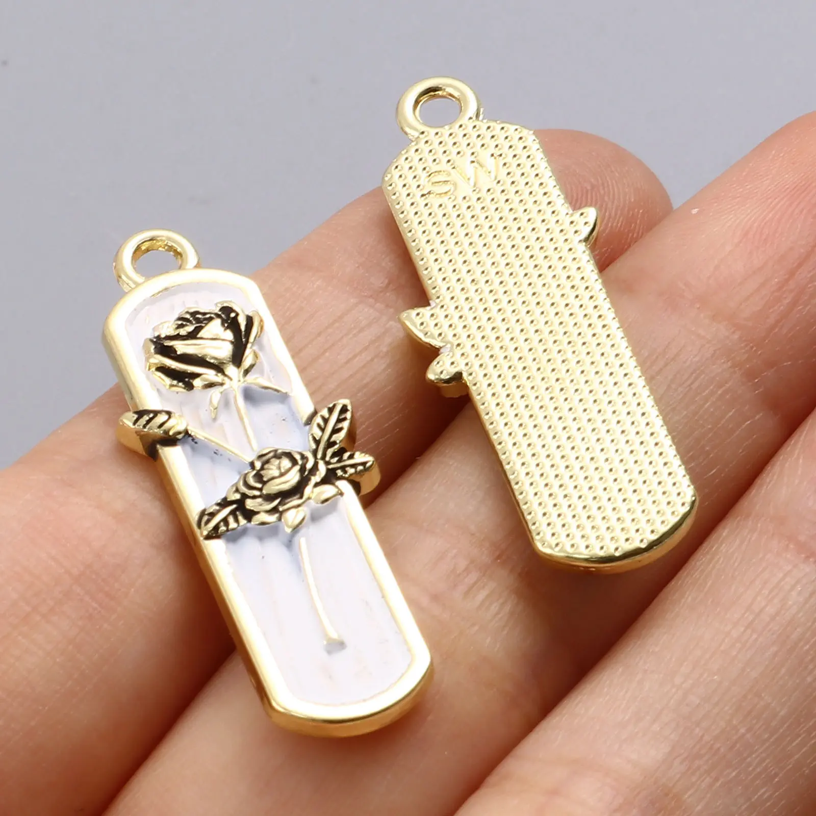 2PCs Enamelled Valentine's Day Gold Color Metal Charms White/Black Rose Flower Pendants DIY Making Earrings Women Party Jewelry