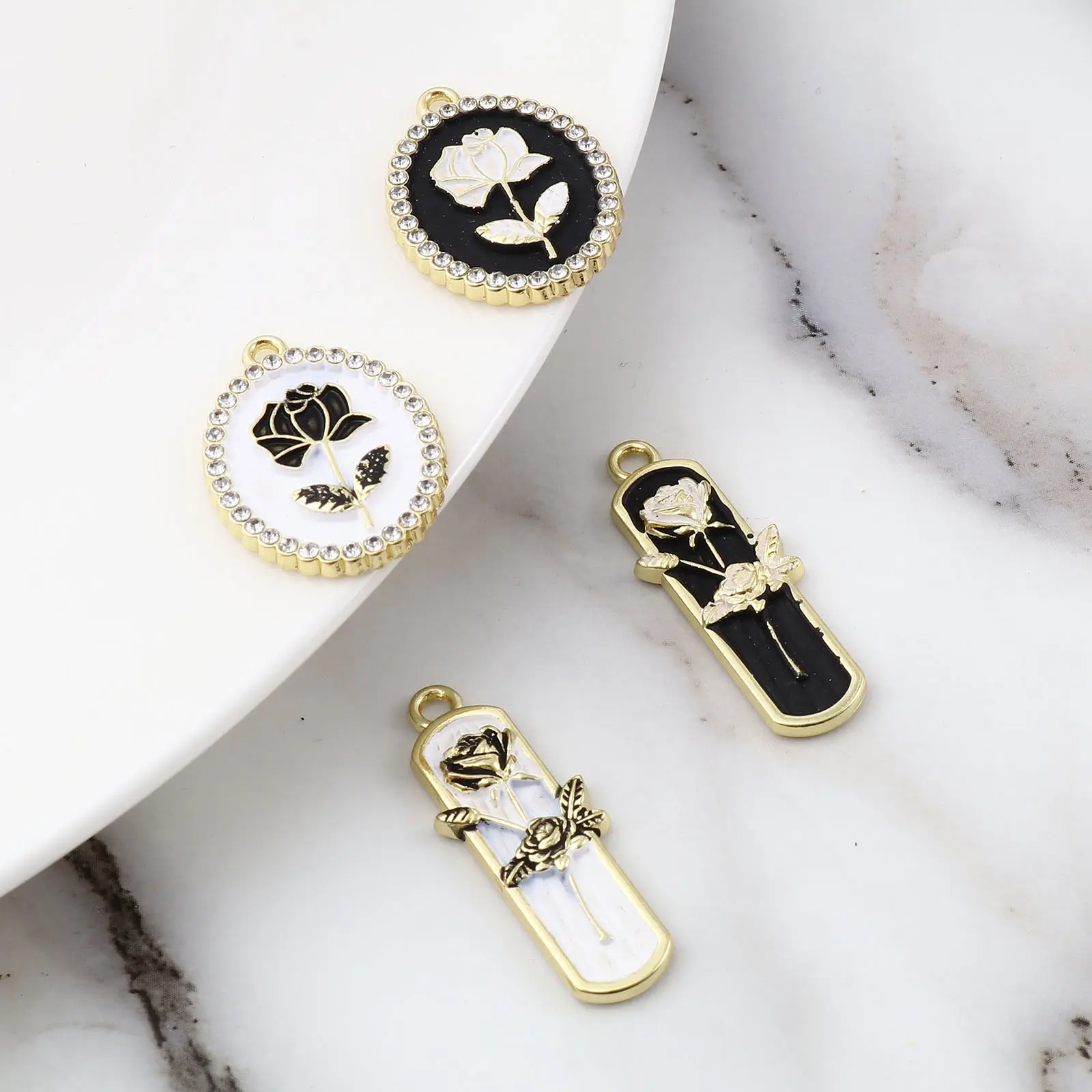 2PCs Enamelled Valentine's Day Gold Color Metal Charms White/Black Rose Flower Pendants DIY Making Earrings Women Party Jewelry
