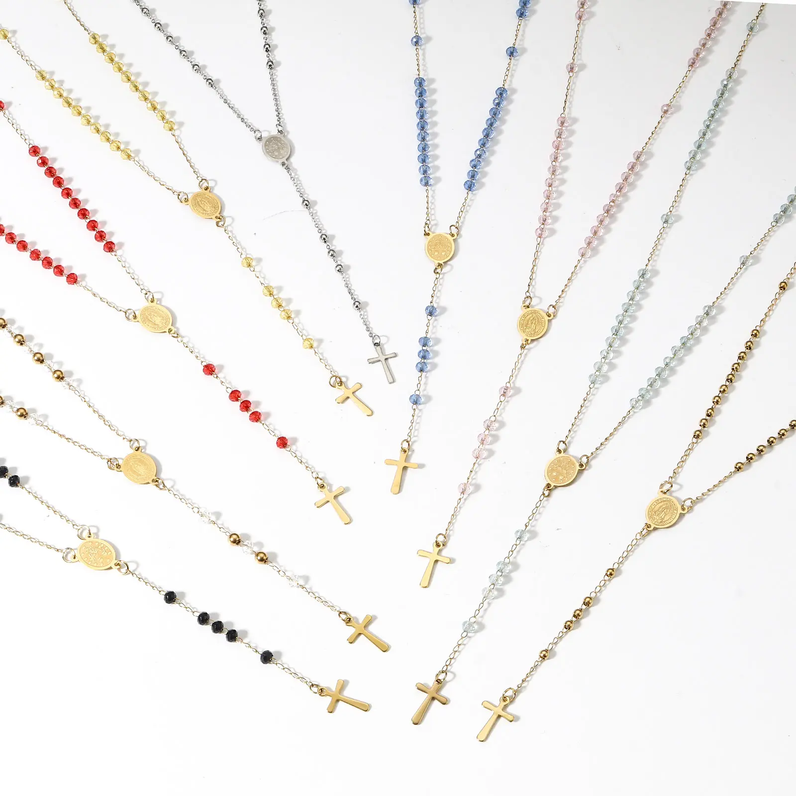 304 Stainless Steel & Glass Beads Religious Handmade Link Chain Necklace Gold Color Cross Virgin Mary Charms 54cm(21 2/8") long