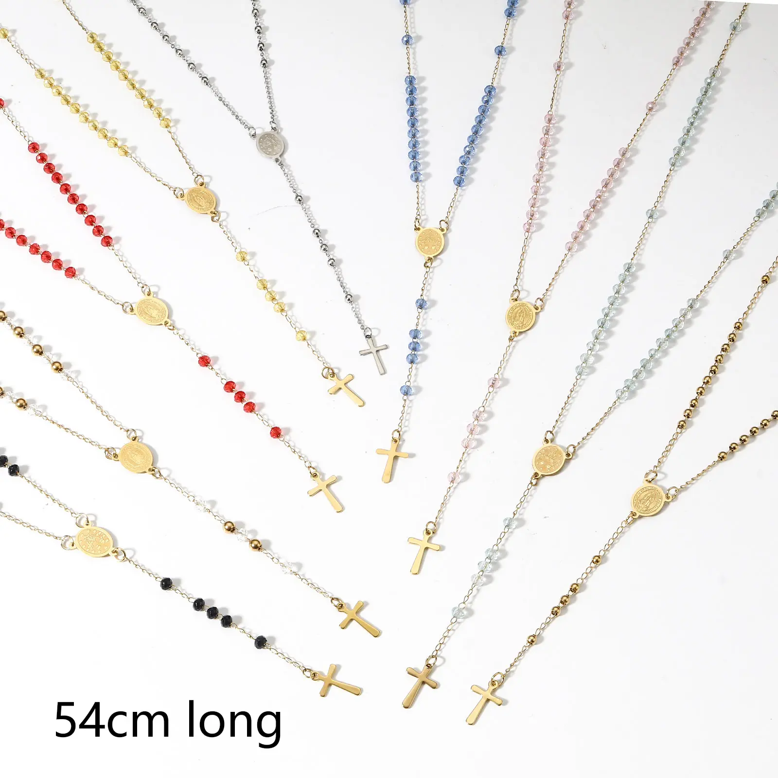 304 Stainless Steel & Glass Beads Religious Handmade Link Chain Necklace Gold Color Cross Virgin Mary Charms 54cm(21 2/8") long