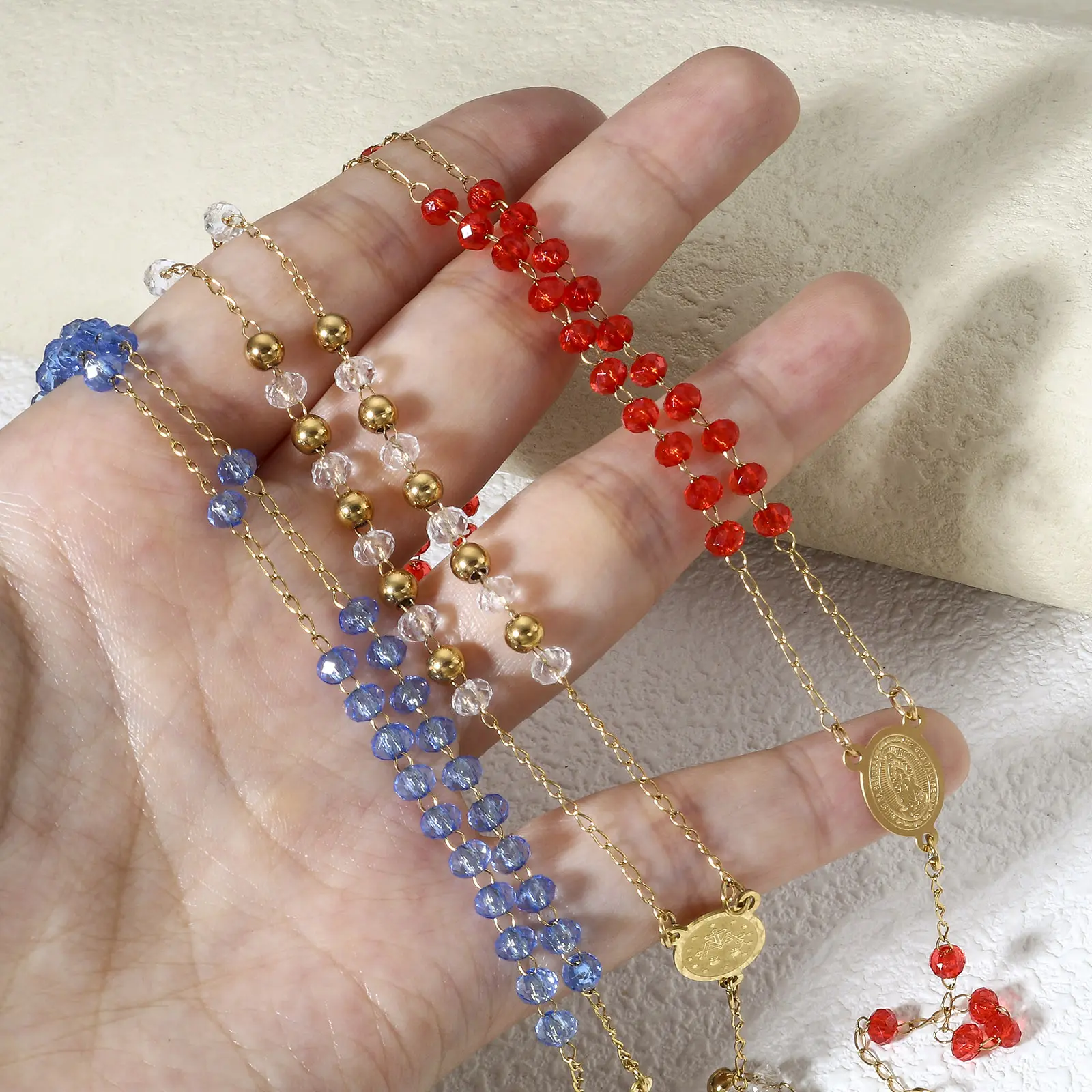 304 Stainless Steel & Glass Beads Religious Handmade Link Chain Necklace Gold Color Cross Virgin Mary Charms 54cm(21 2/8") long