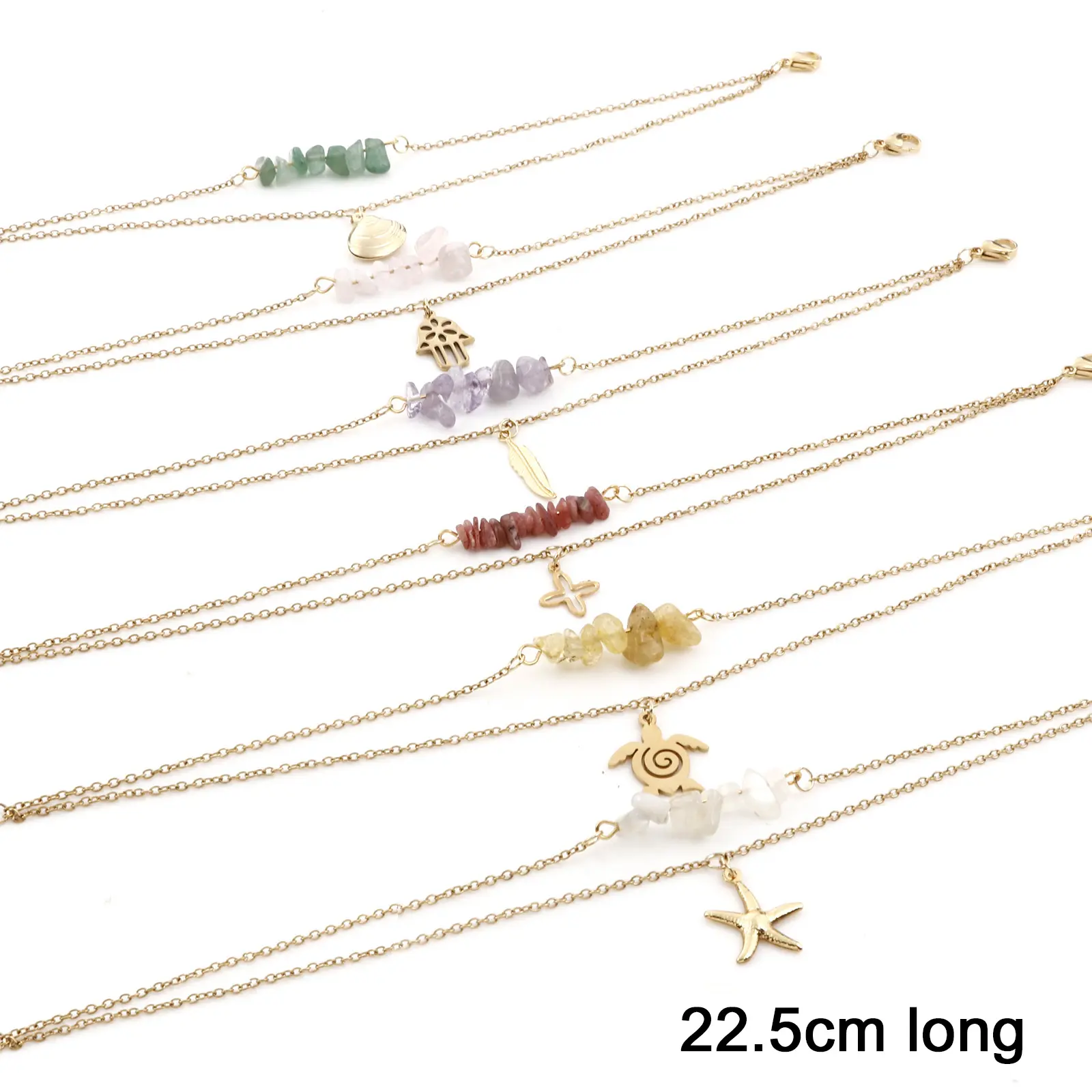 304 Stainless Steel Rolo Chain Multilayer Layered Anklet Hollow Natural Stone Cross Charm Anklet For Women 22.5cm(8 7/8") long