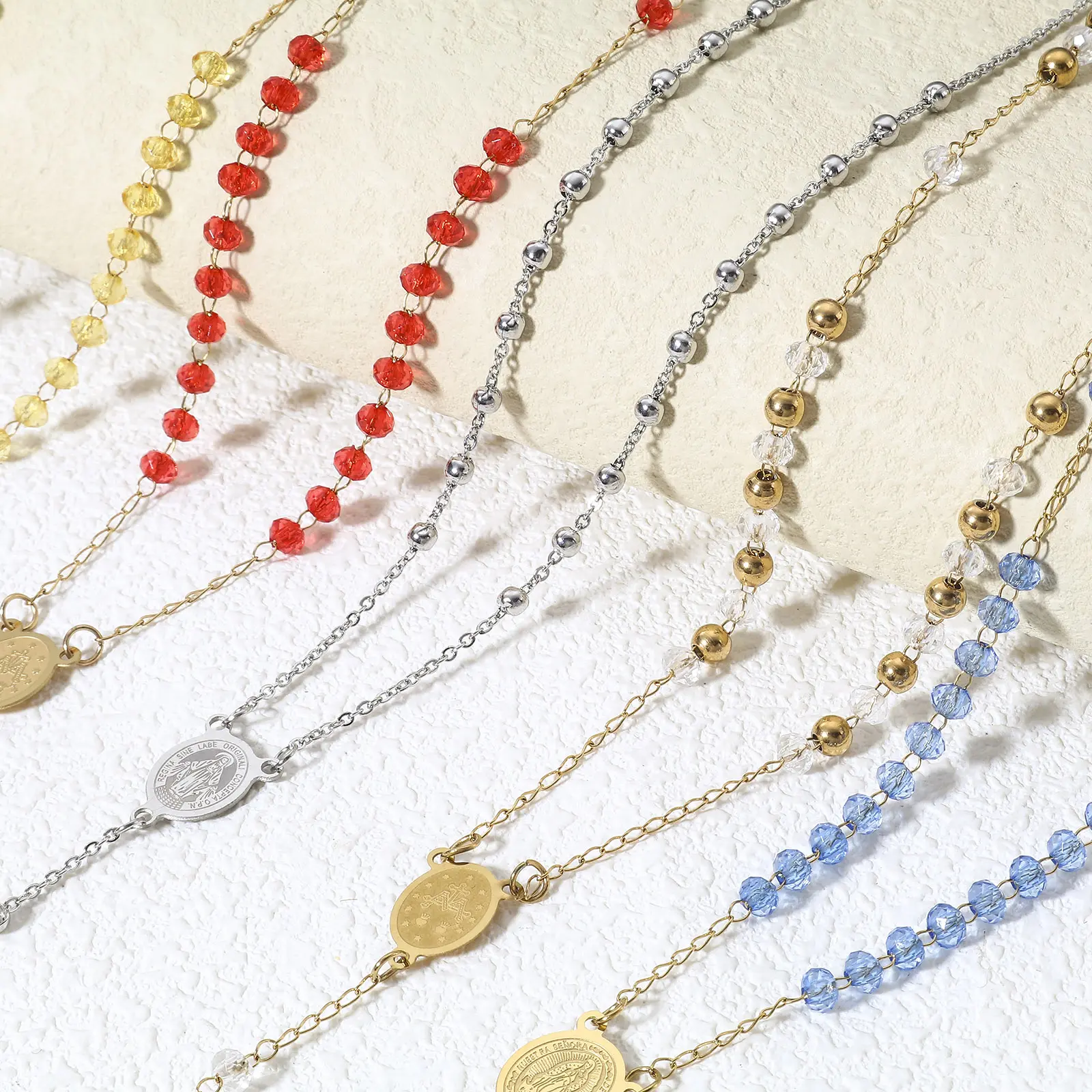 304 Stainless Steel & Glass Beads Religious Handmade Link Chain Necklace Gold Color Cross Virgin Mary Charms 54cm(21 2/8") long