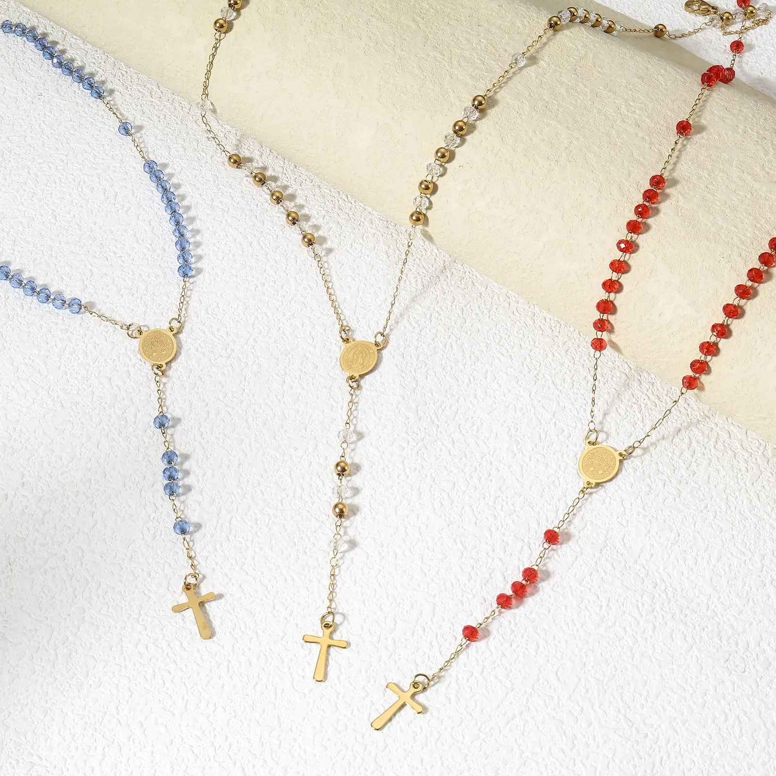 304 Stainless Steel & Glass Beads Religious Handmade Link Chain Necklace Gold Color Cross Virgin Mary Charms 54cm(21 2/8") long
