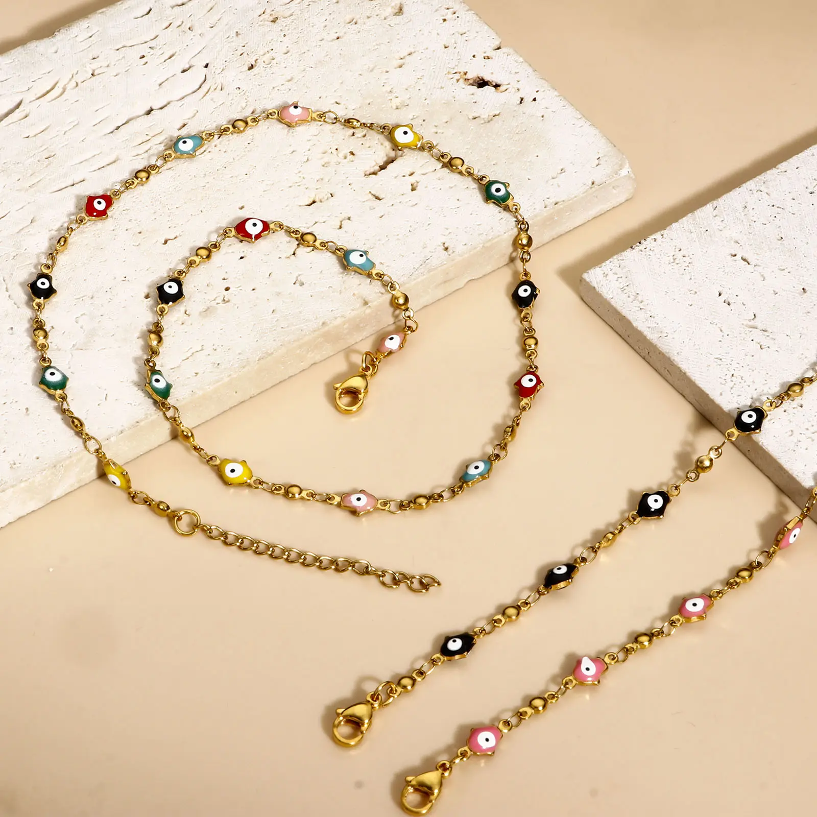 304 Stainless Steel Religious Link Chain Necklace Enamel Hamsa Symbol Hand Evil Eye Beads Necklace For Women Men Fashion Jewelry