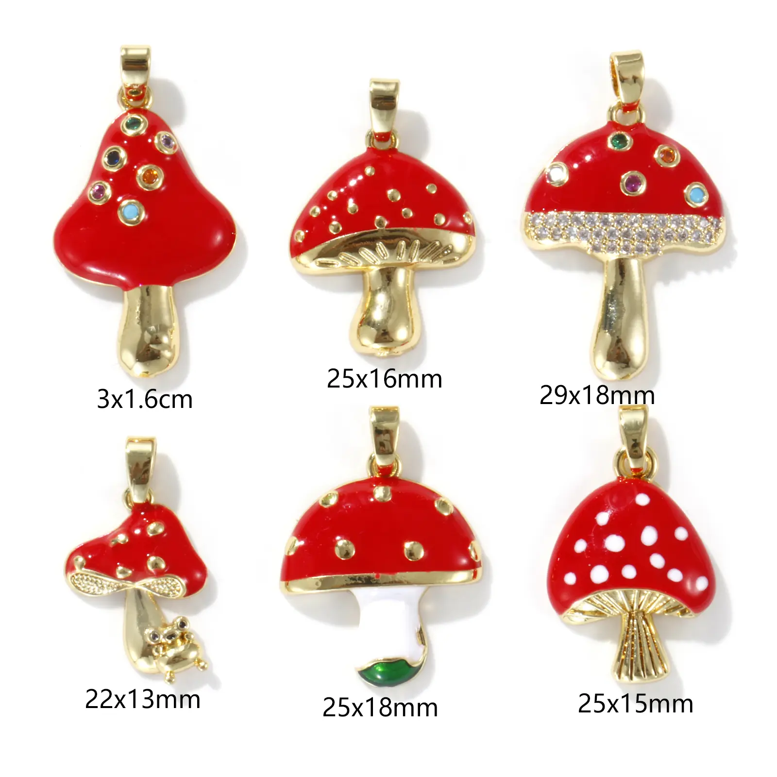 2 PCs Brass Charm Pendant 18K Real Gold Plated Red Mushroom Enamel Pendants For Necklace Bracalet Jewelry Making Findings
