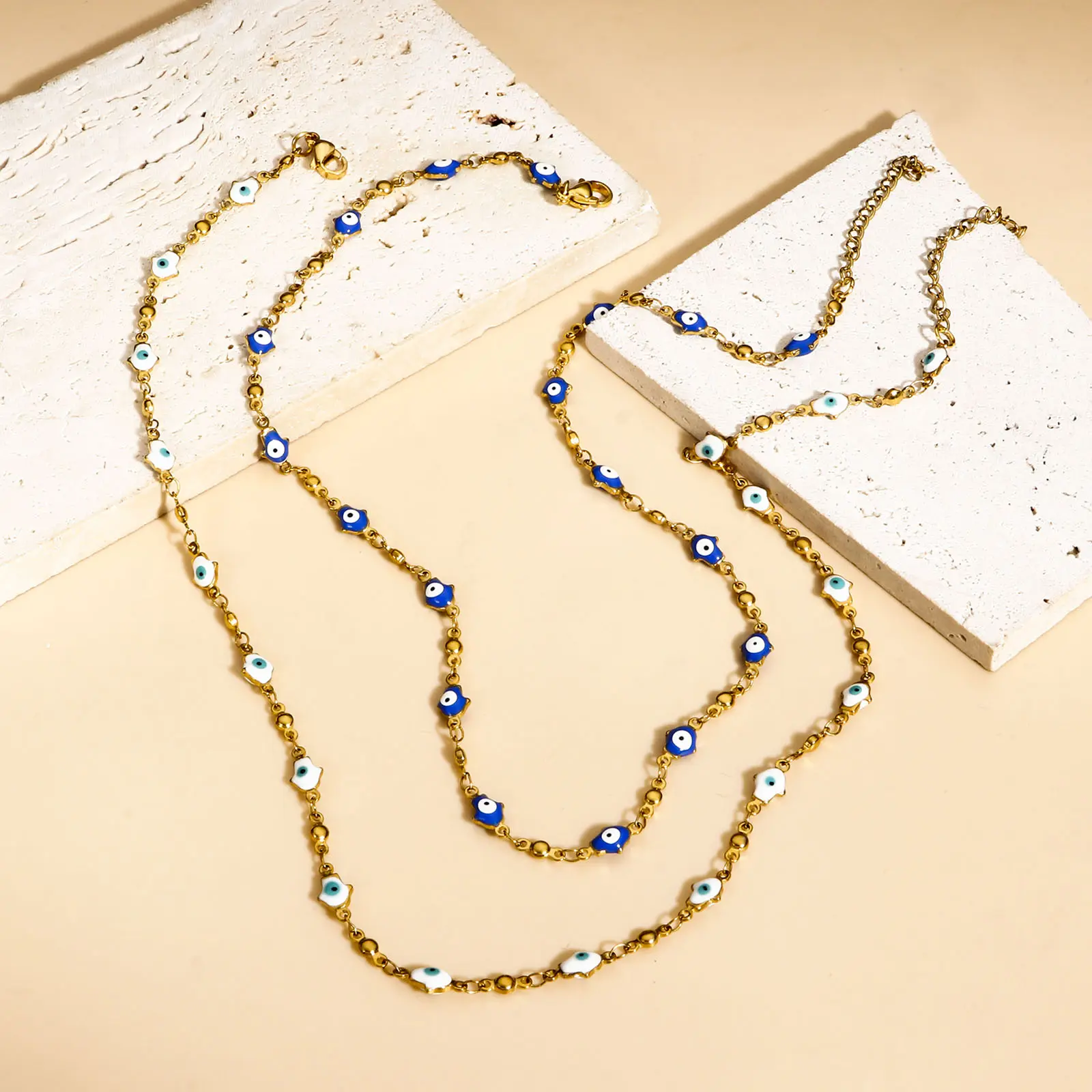 304 Stainless Steel Religious Link Chain Necklace Enamel Hamsa Symbol Hand Evil Eye Beads Necklace For Women Men Fashion Jewelry