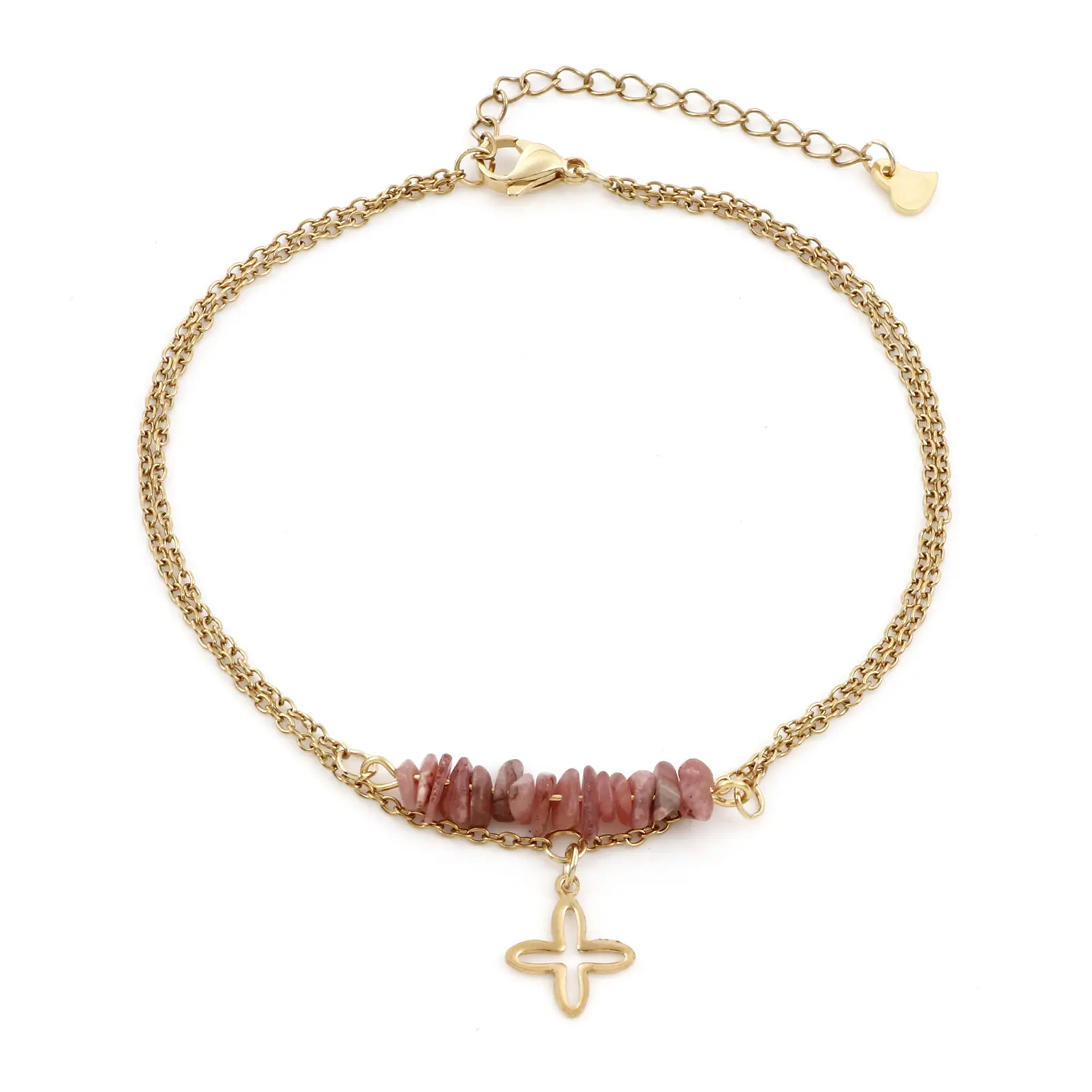 304 Stainless Steel Rolo Chain Multilayer Layered Anklet Hollow Natural Stone Cross Charm Anklet For Women 22.5cm(8 7/8") long