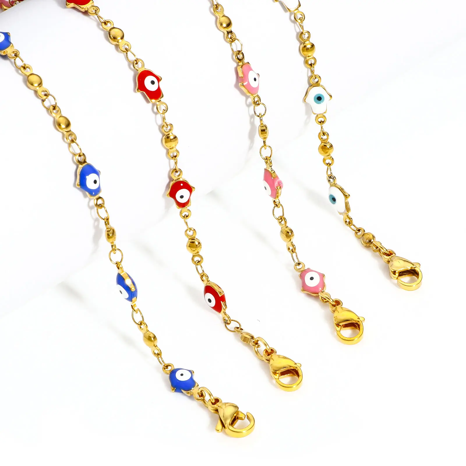 304 Stainless Steel Religious Link Chain Necklace Enamel Hamsa Symbol Hand Evil Eye Beads Necklace For Women Men Fashion Jewelry
