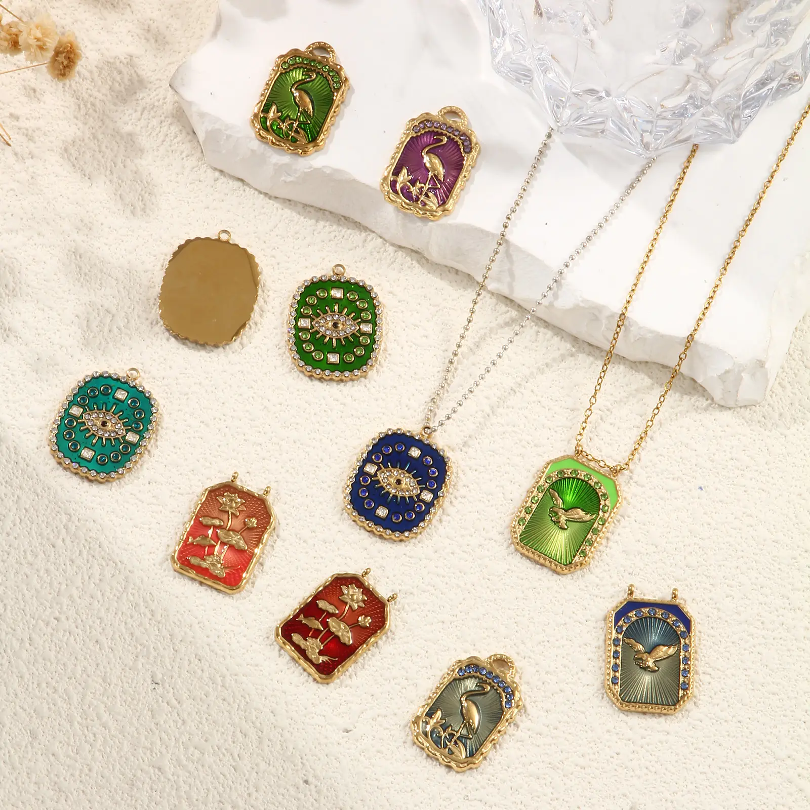 1 Piece 304 Stainless Steel Charms 18K Real Gold Plated Enamel Crane Eye of Providence/ All-seeing Eye Pendant DIY Necklace