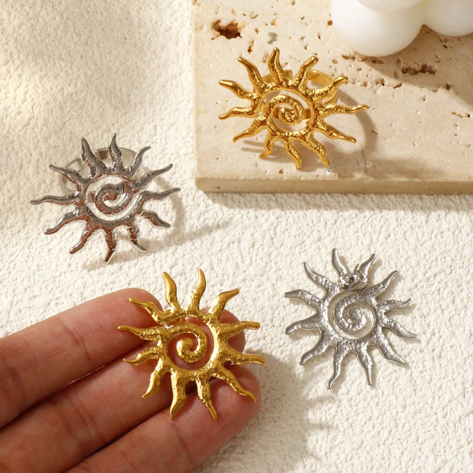 Galaxy 304 Stainless Steel Irregular Surface Wrinkled Sun Spiral Ear Post Stud Earrings & Rings For Women Fashion Jewelry Gift