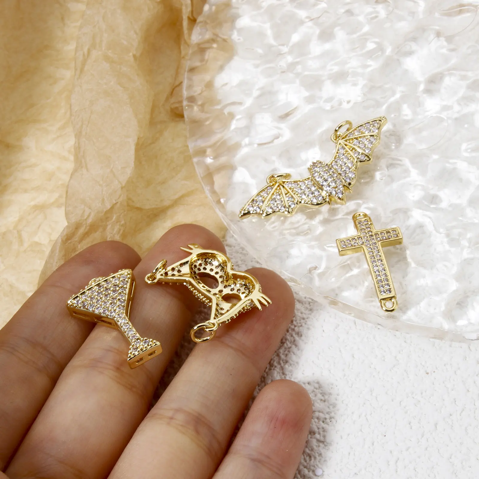 1 Piece Brass Micro Pave Charm Pendant 18K Real Gold Plated Clear Cubic Zirconia Bat Cross Wine Glass For DIY Necklace Making