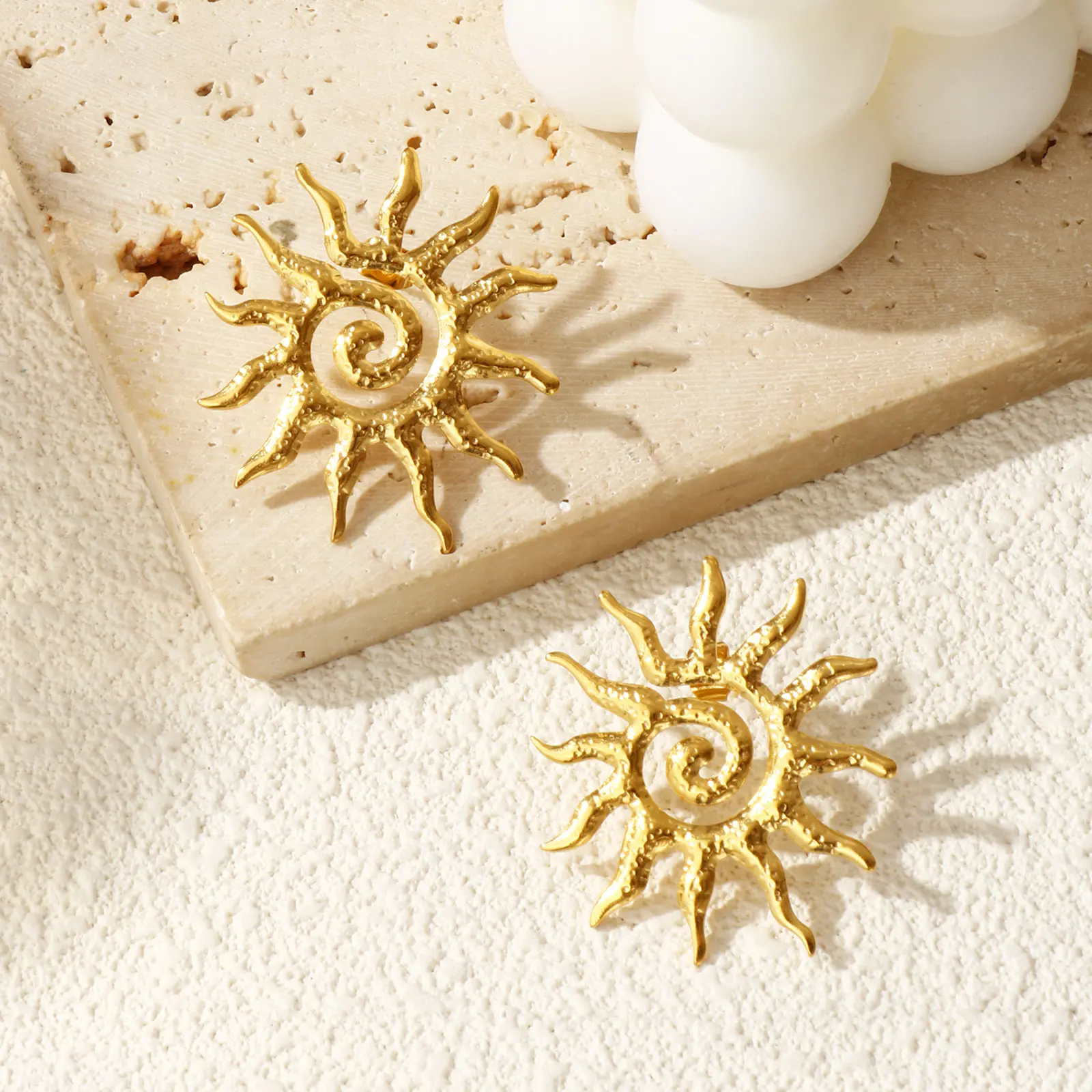 Galaxy 304 Stainless Steel Irregular Surface Wrinkled Sun Spiral Ear Post Stud Earrings & Rings For Women Fashion Jewelry Gift