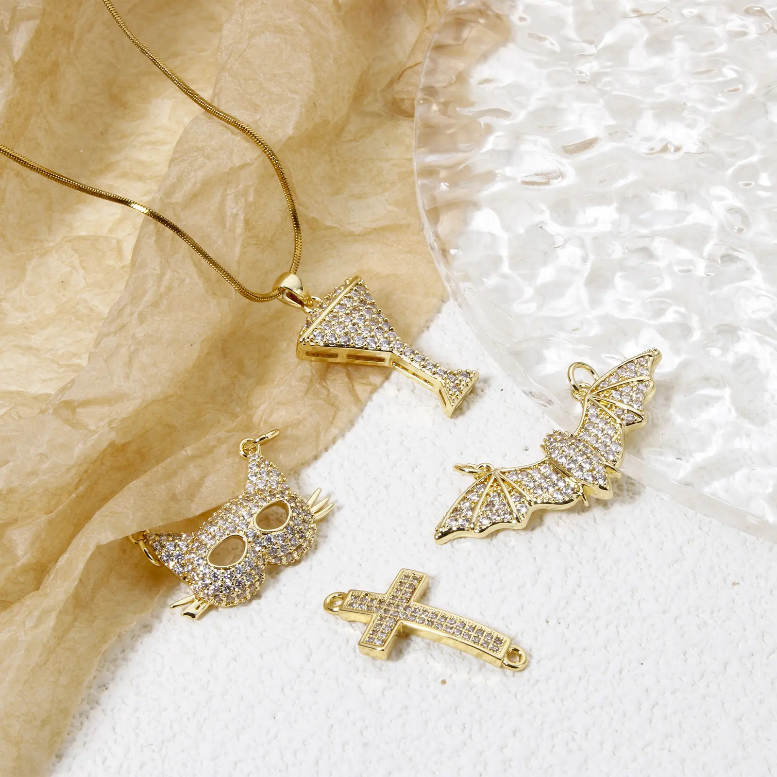 1 Piece Brass Micro Pave Charm Pendant 18K Real Gold Plated Clear Cubic Zirconia Bat Cross Wine Glass For DIY Necklace Making