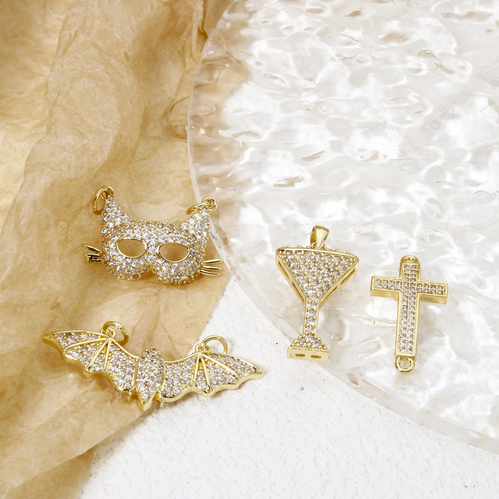 1 Piece Brass Micro Pave Charm Pendant 18K Real Gold Plated Clear Cubic Zirconia Bat Cross Wine Glass For DIY Necklace Making
