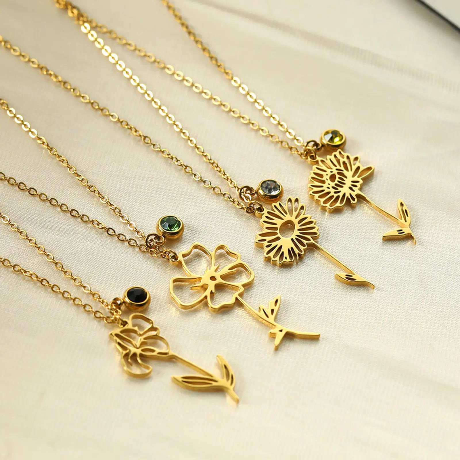 304 Stainless Steel 12 Birth Month Flower Rolo Chain Necklace Gold Color Hollow For Women Simple Gifts 38cm(15") long, 1 Piece