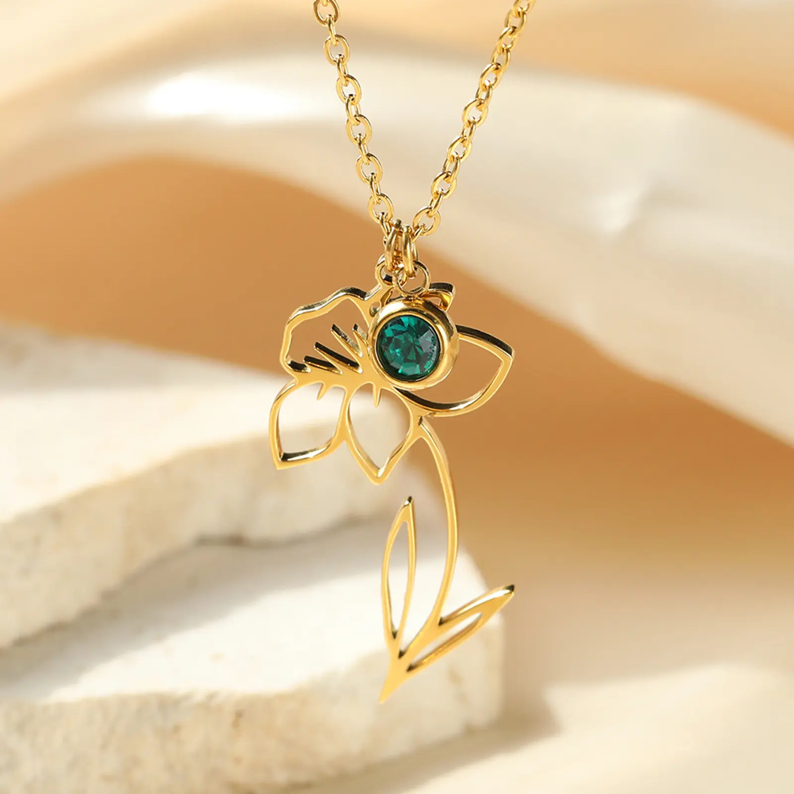 304 Stainless Steel 12 Birth Month Flower Rolo Chain Necklace Gold Color Hollow For Women Simple Gifts 38cm(15") long, 1 Piece