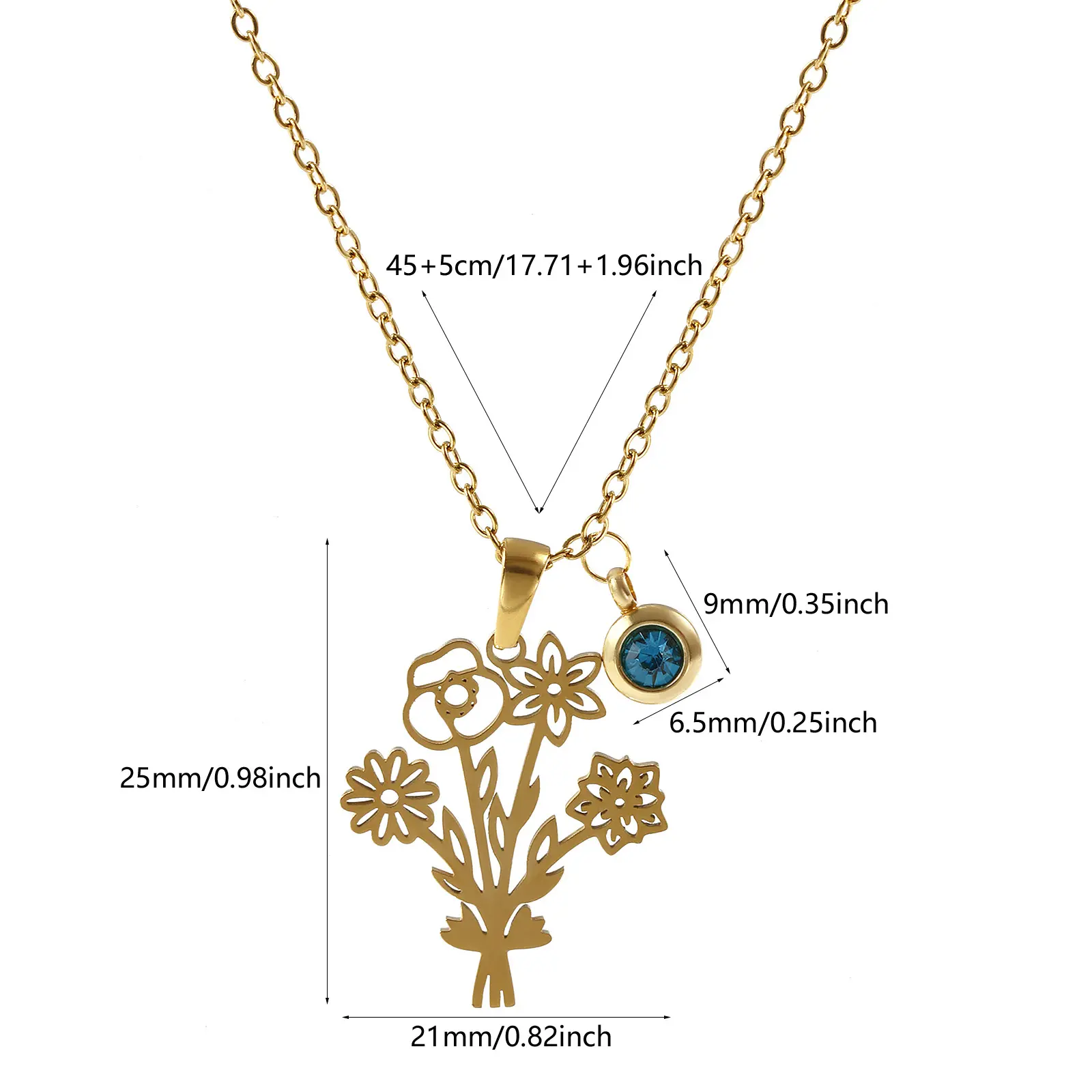 304 Stainless Steel Birthstone Pendant Necklace 18K Gold Plated Link Cable Chain Flower 45cm+ 5cm For Women Dainty Gift