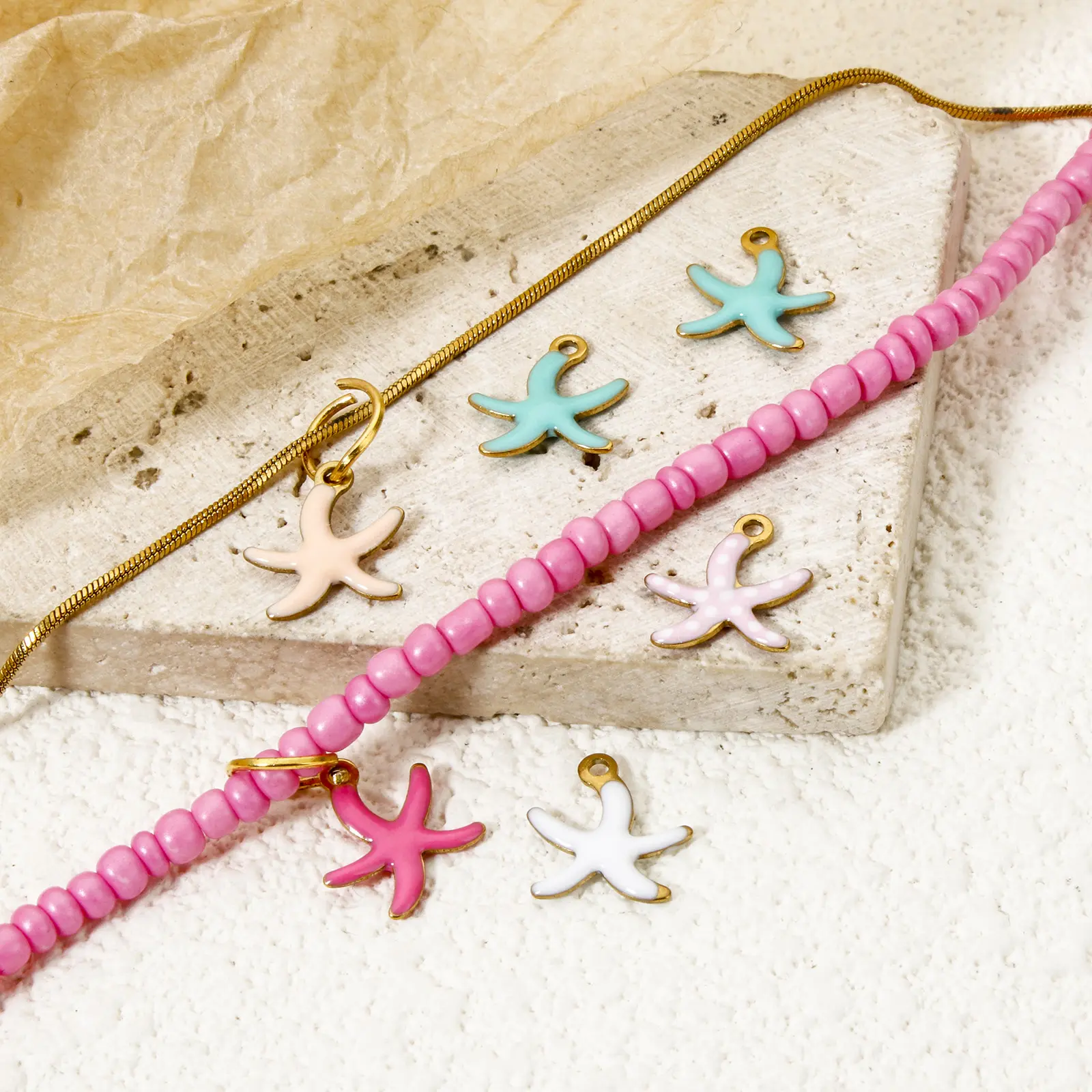 5 PCs 304 Stainless Steel Ocean Jewelry Charms 18K Real Gold Plated Star Fish Double sided Enamel Pendants Finding 10.5mm x 10mm
