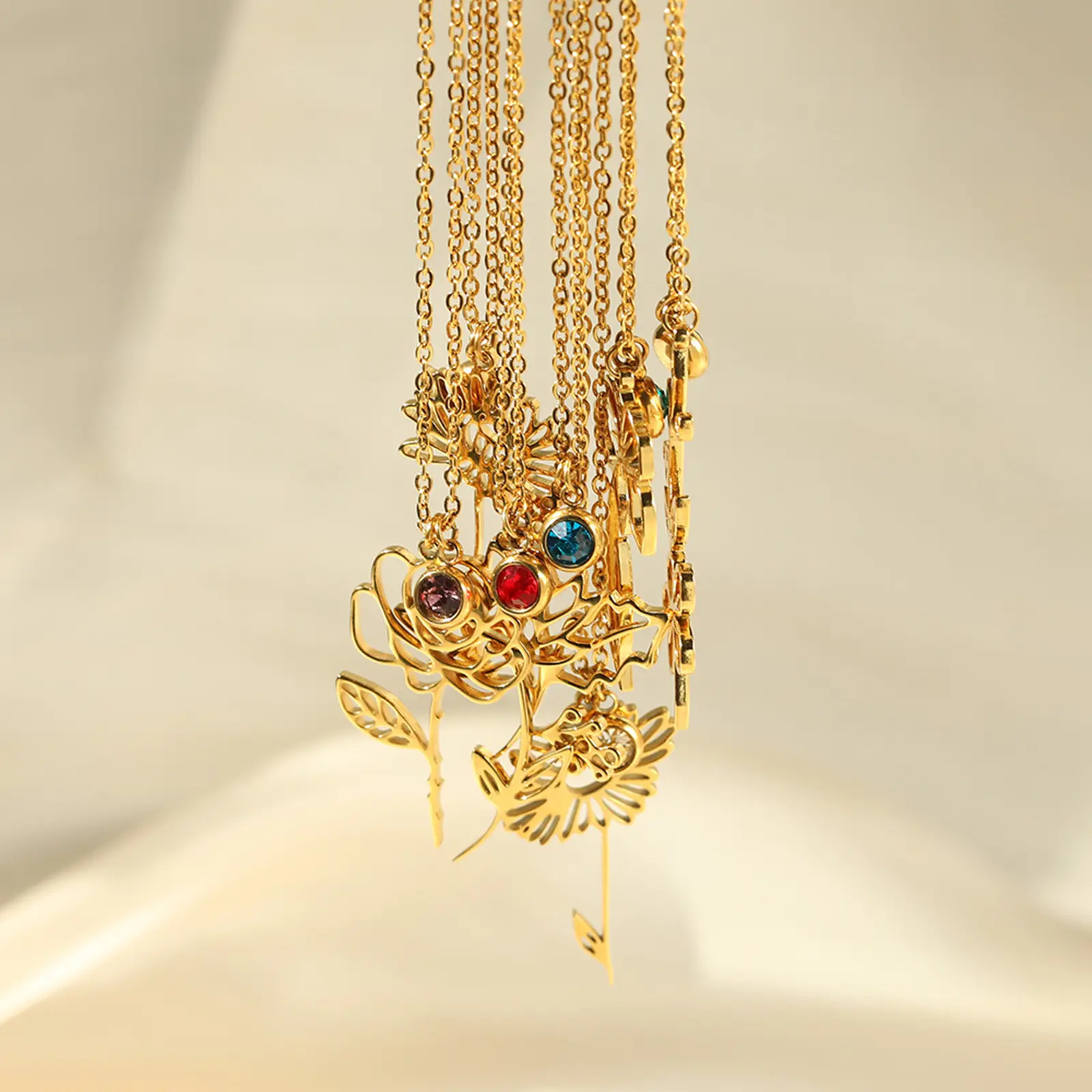 304 Stainless Steel 12 Birth Month Flower Rolo Chain Necklace Gold Color Hollow For Women Simple Gifts 38cm(15") long, 1 Piece